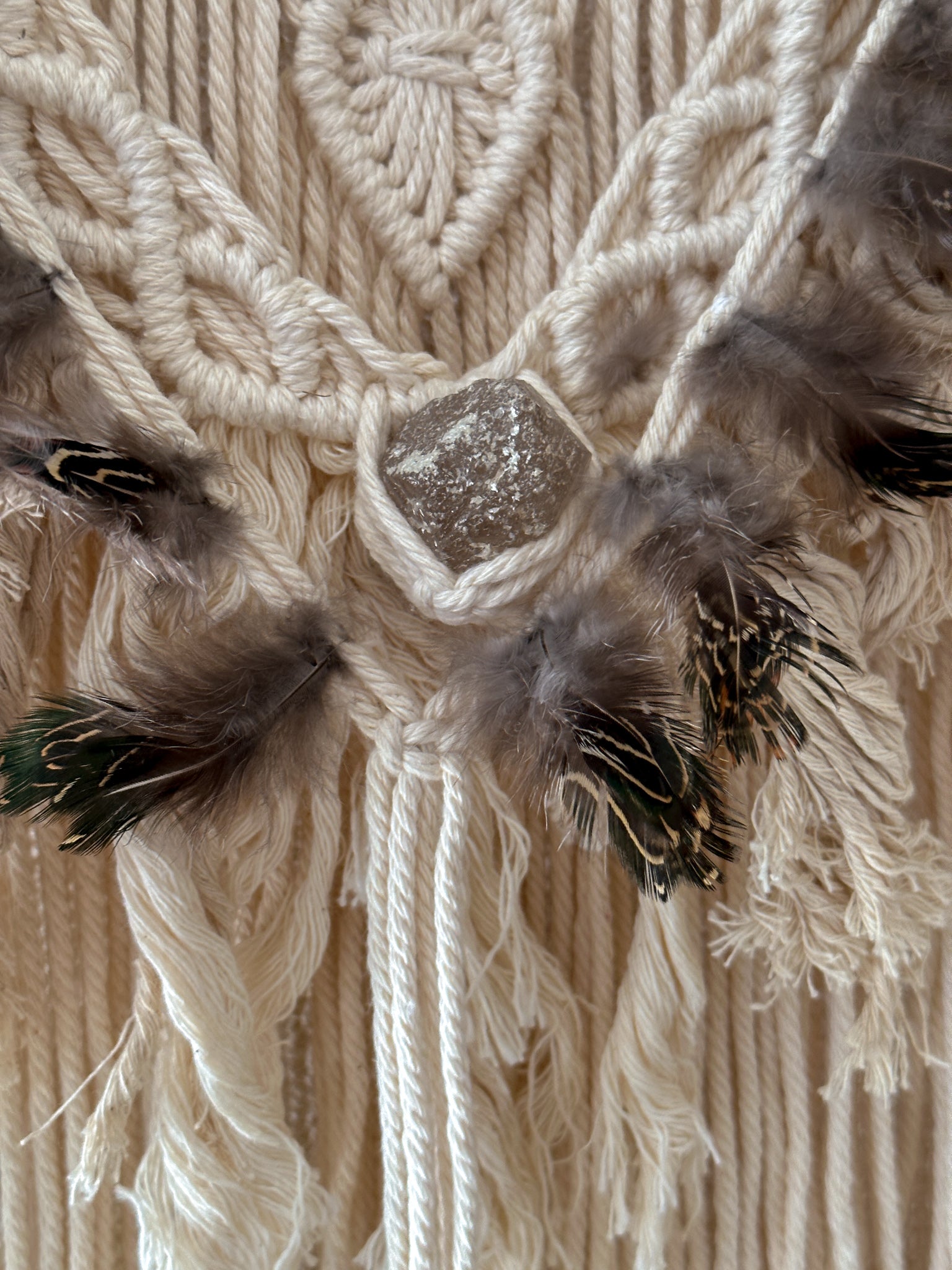 Macrame Tapestry - Deer horn, Clear Quartz, Feather