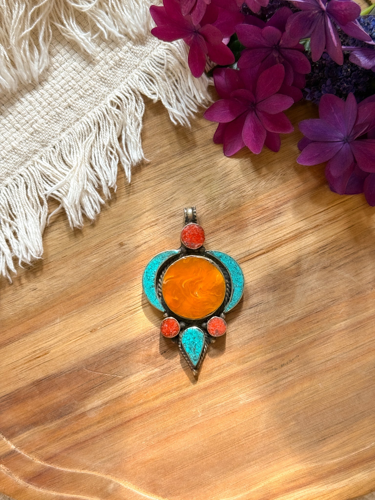 Turquoise and Amber Pendant Top 【Imported】