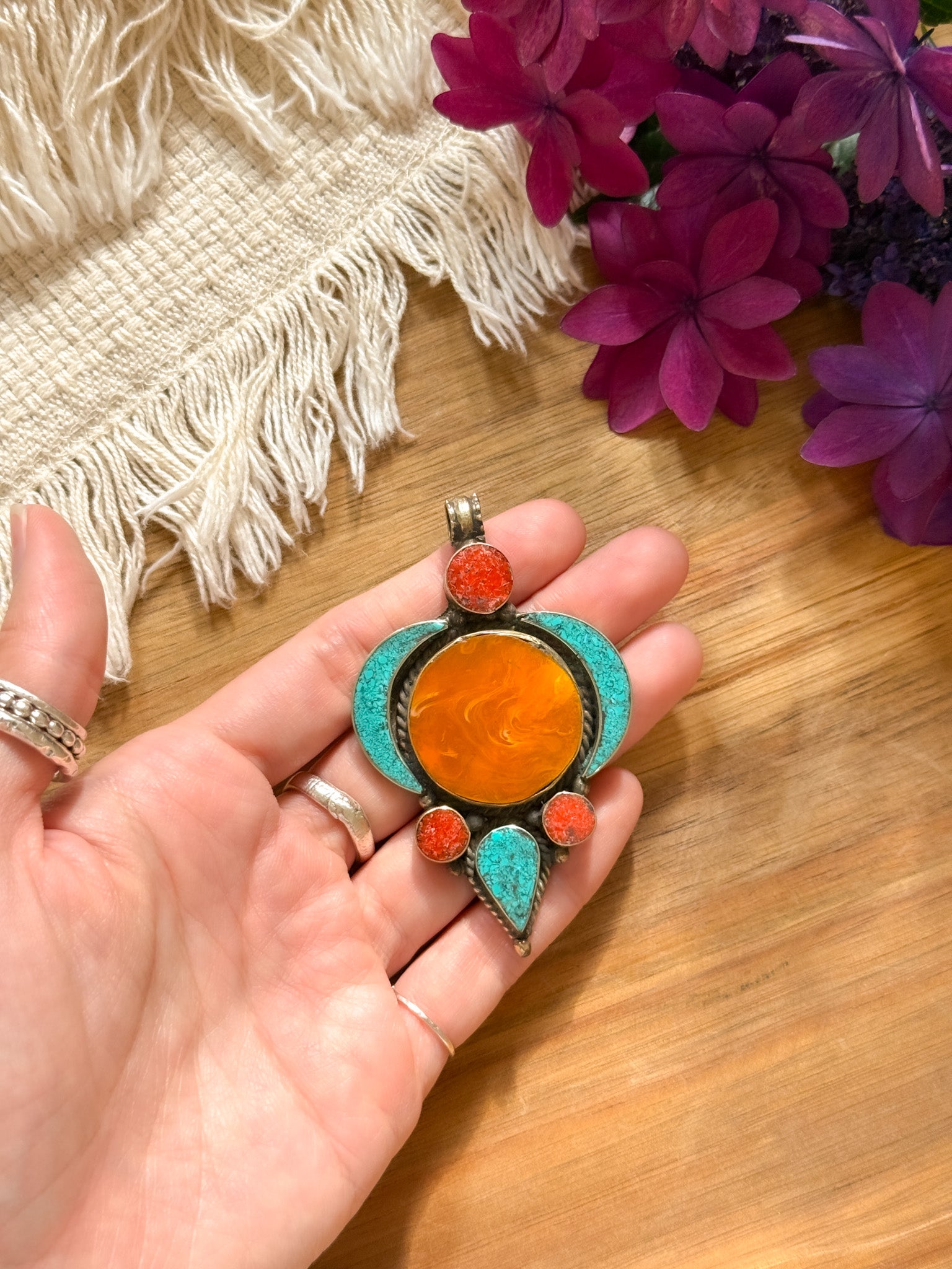 Turquoise and Amber Pendant Top 【Imported】