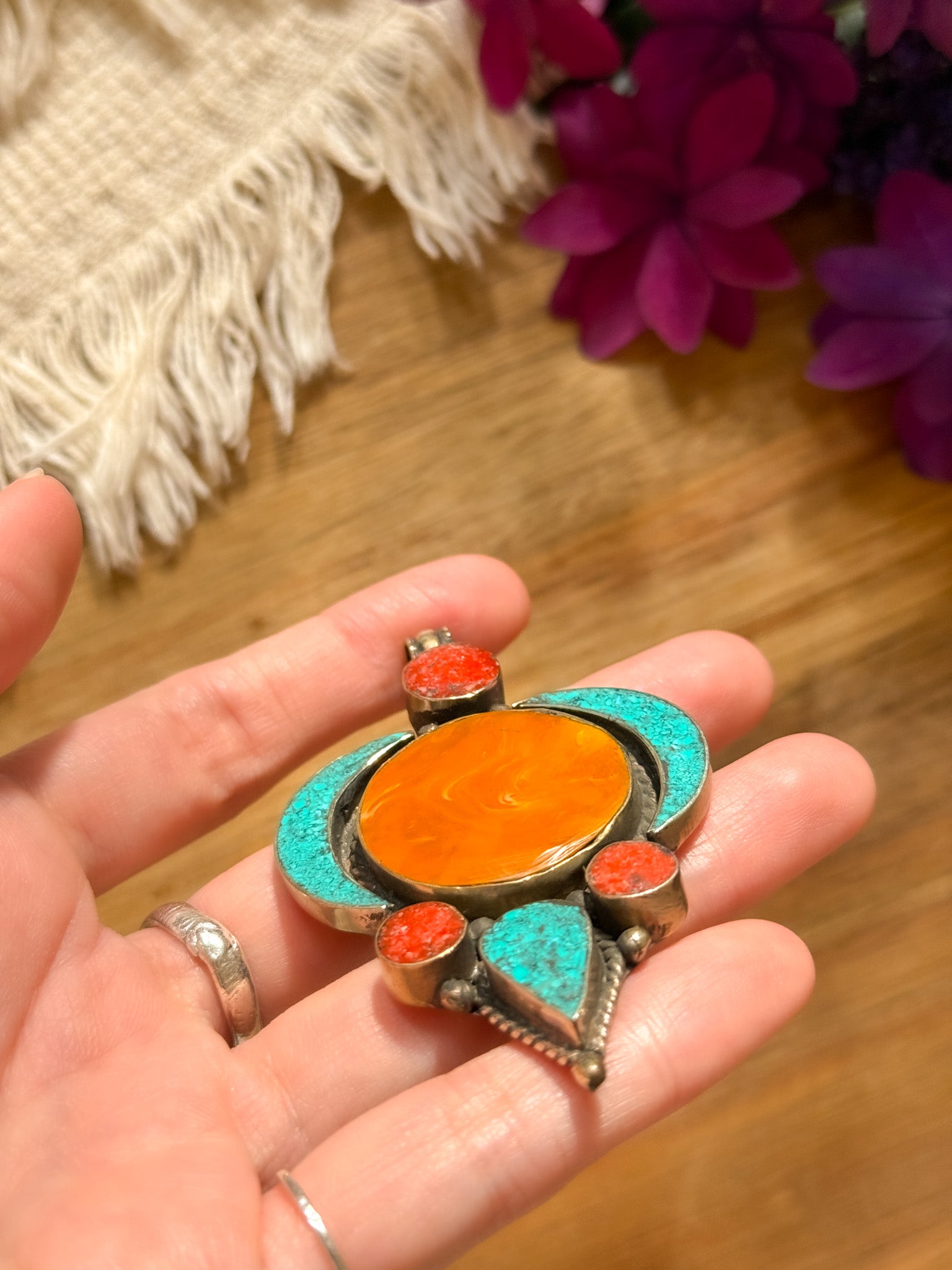 Turquoise and Amber Pendant Top 【Imported】