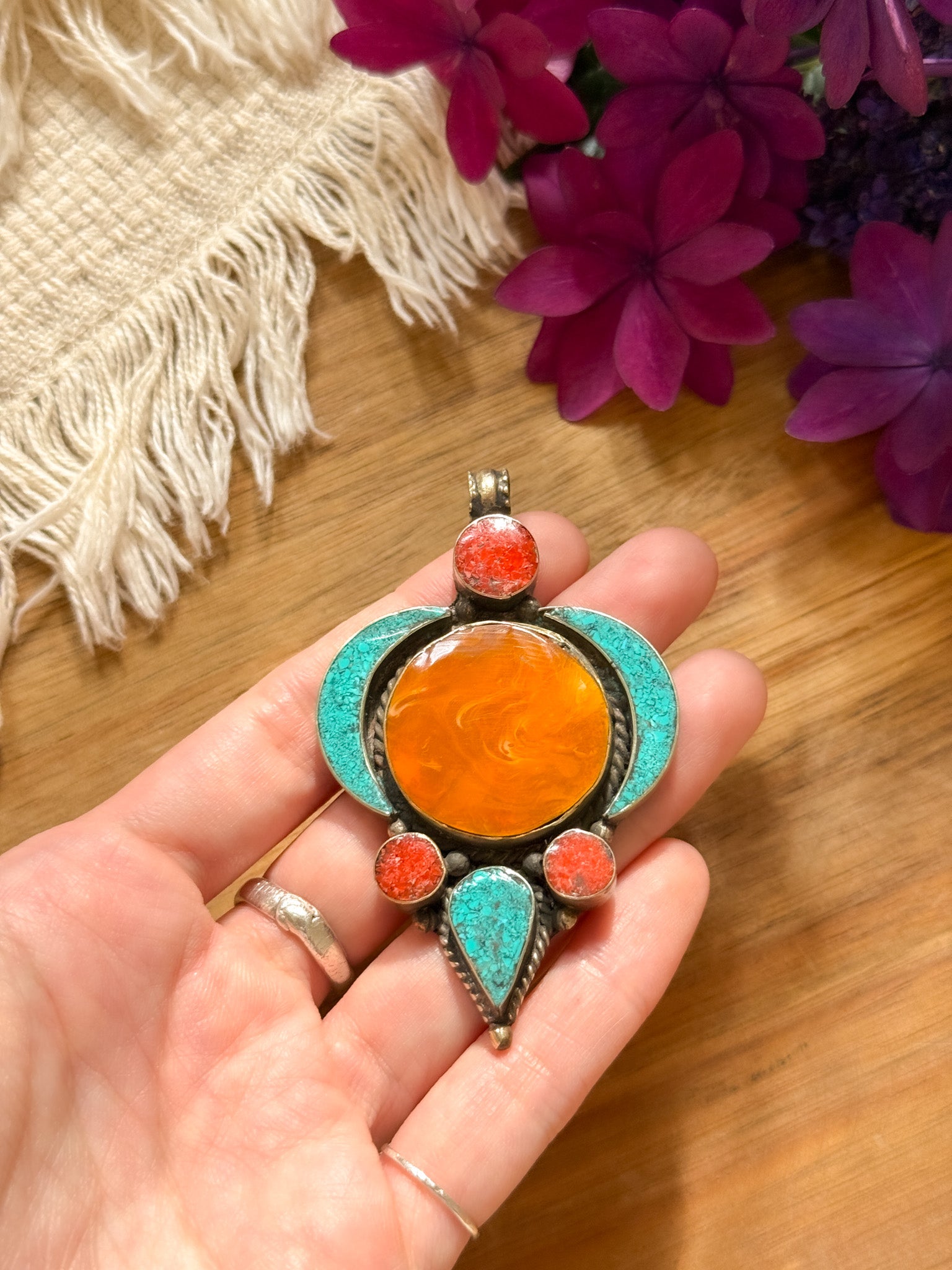 Turquoise and Amber Pendant Top 【Imported】