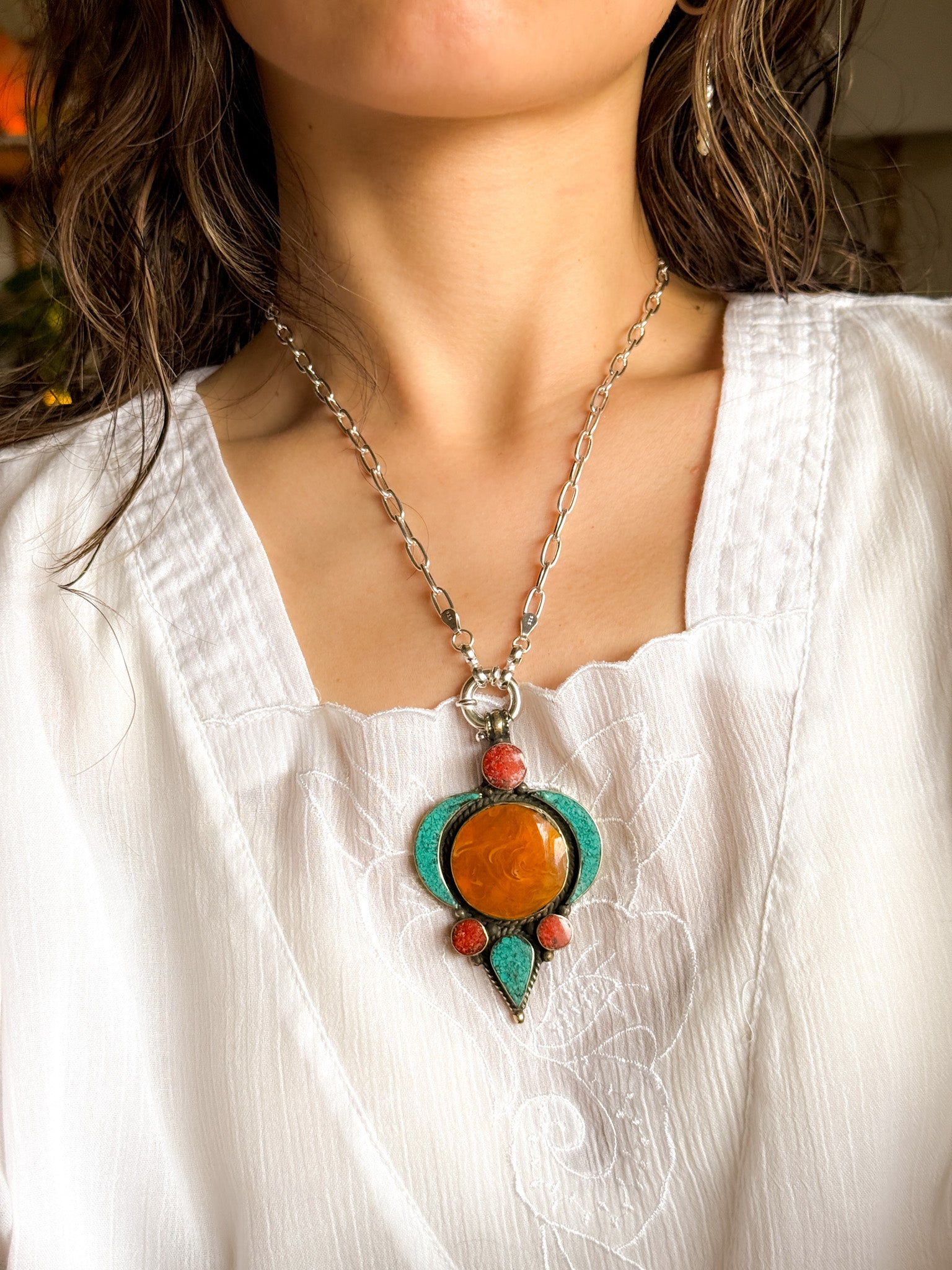 Turquoise and Amber Pendant Top 【Imported】