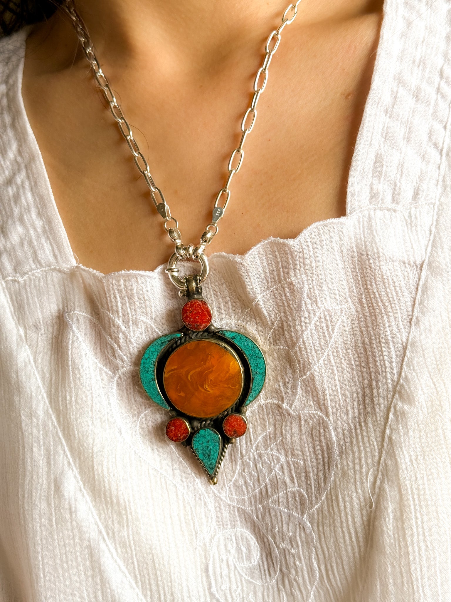 Turquoise and Amber Pendant Top 【Imported】