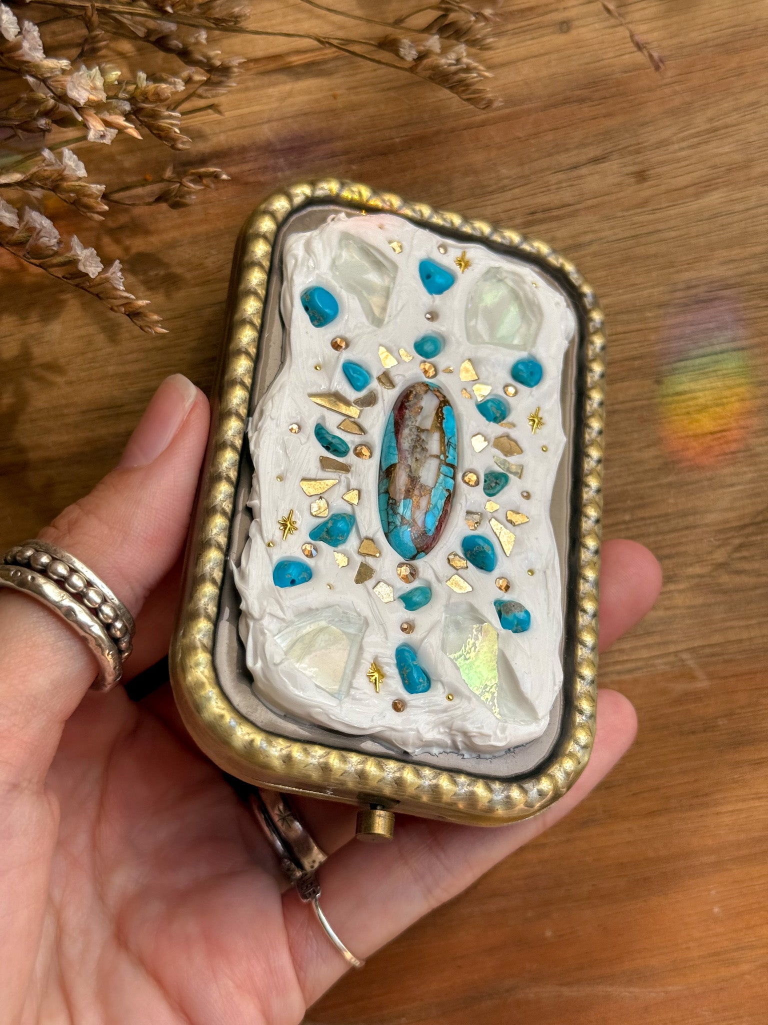 Upcycle glass mirror - Antique Gold B - Turquoise