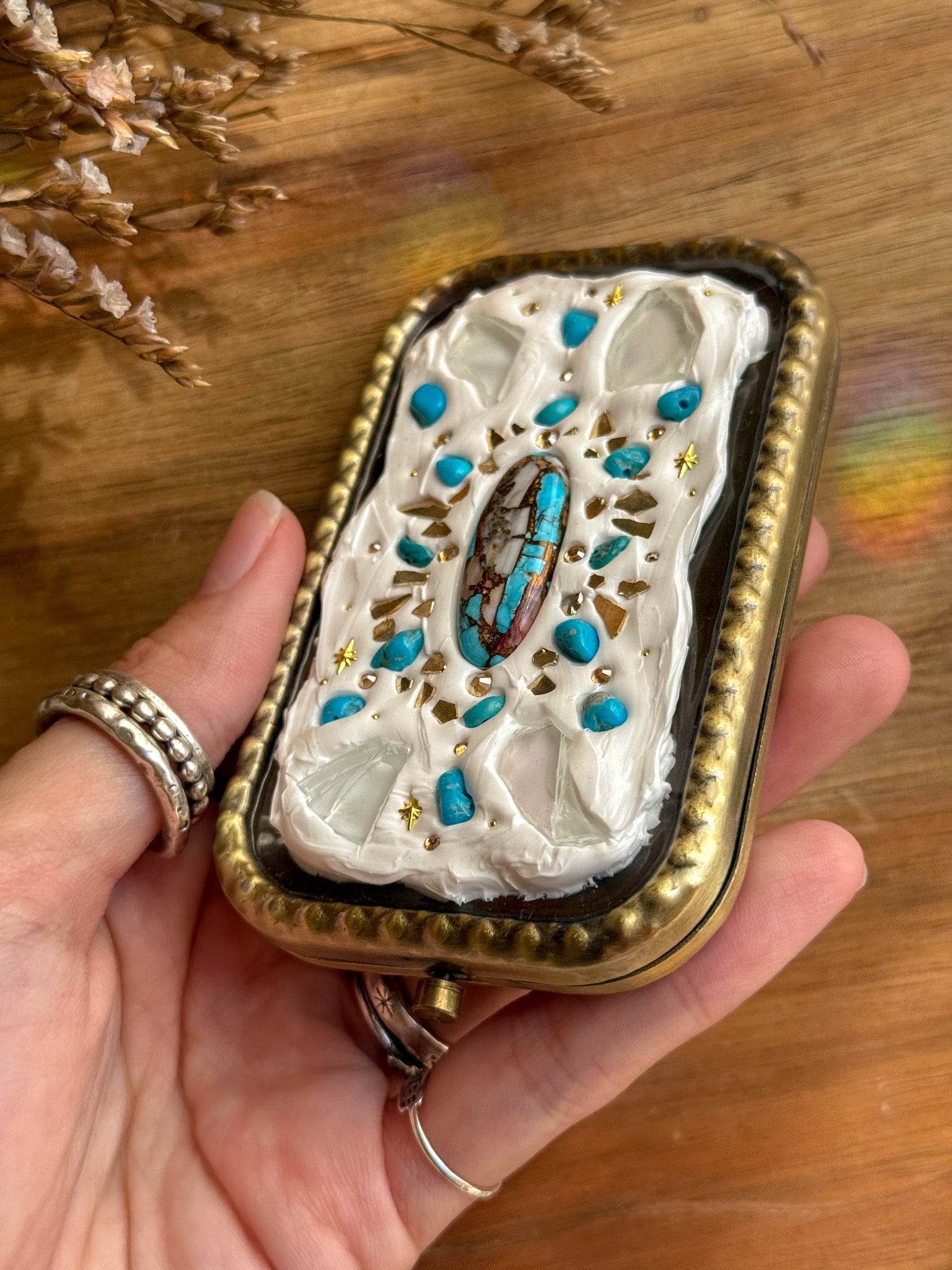 Upcycle glass mirror - Antique Gold B - Turquoise