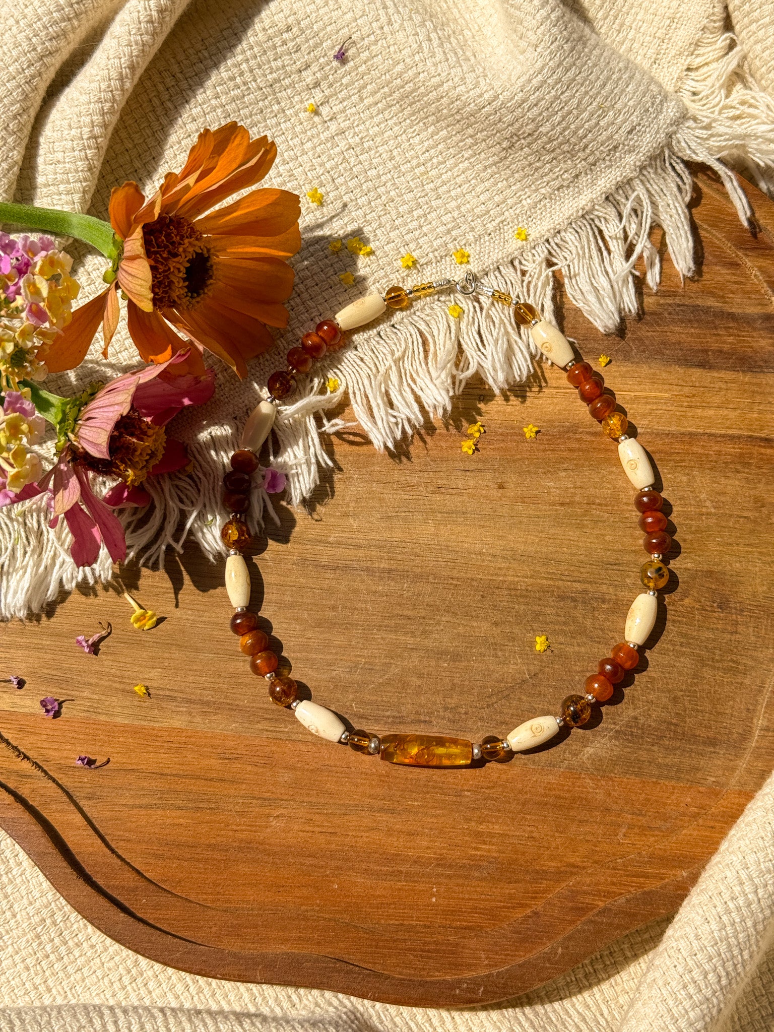 Amber, Karen silver and Bones Necklace
