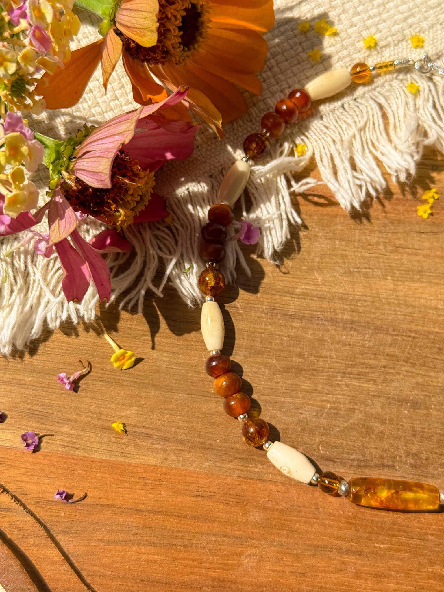 Amber, Karen silver and Bones Necklace