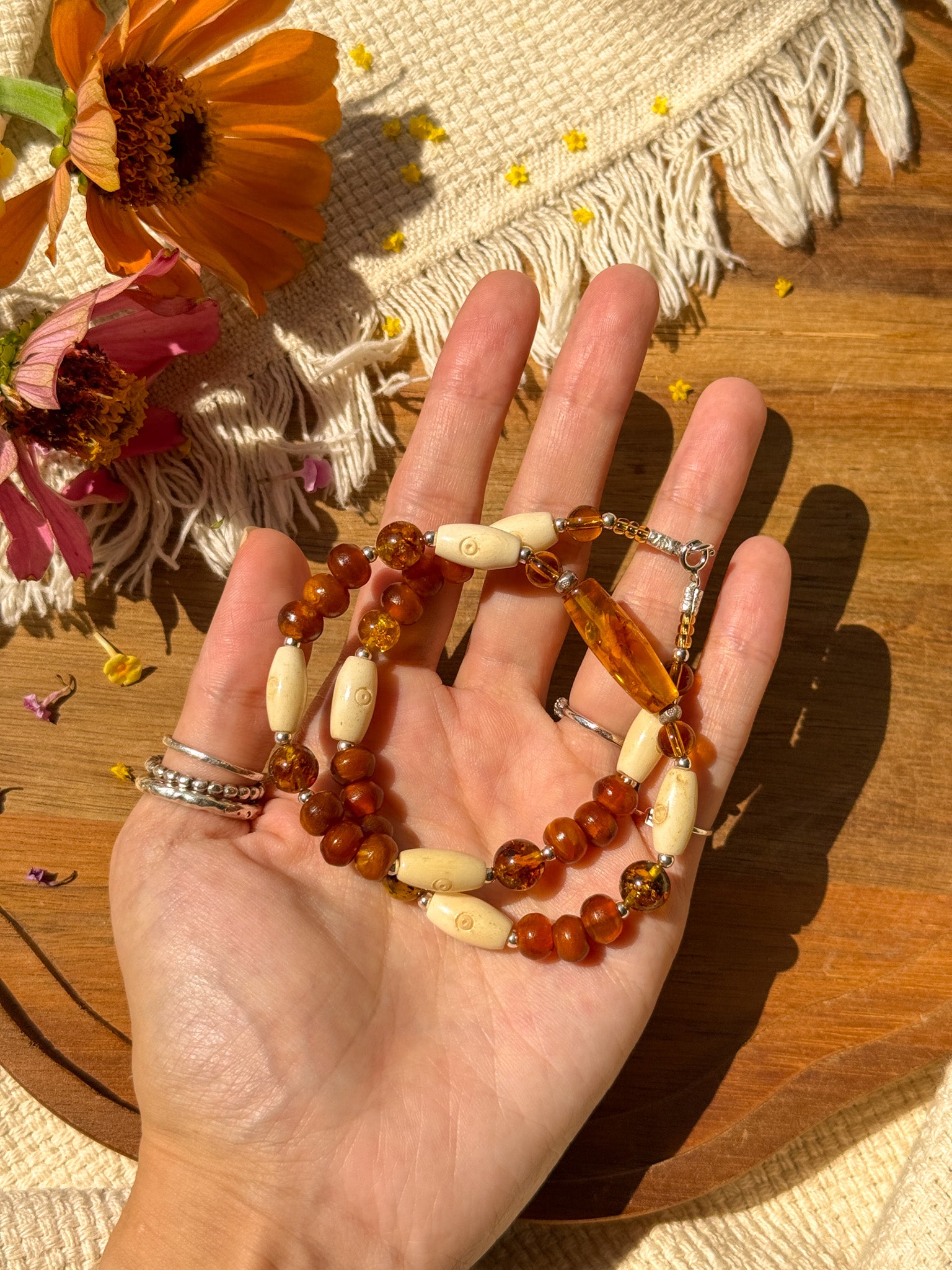 Amber, Karen silver and Bones Necklace