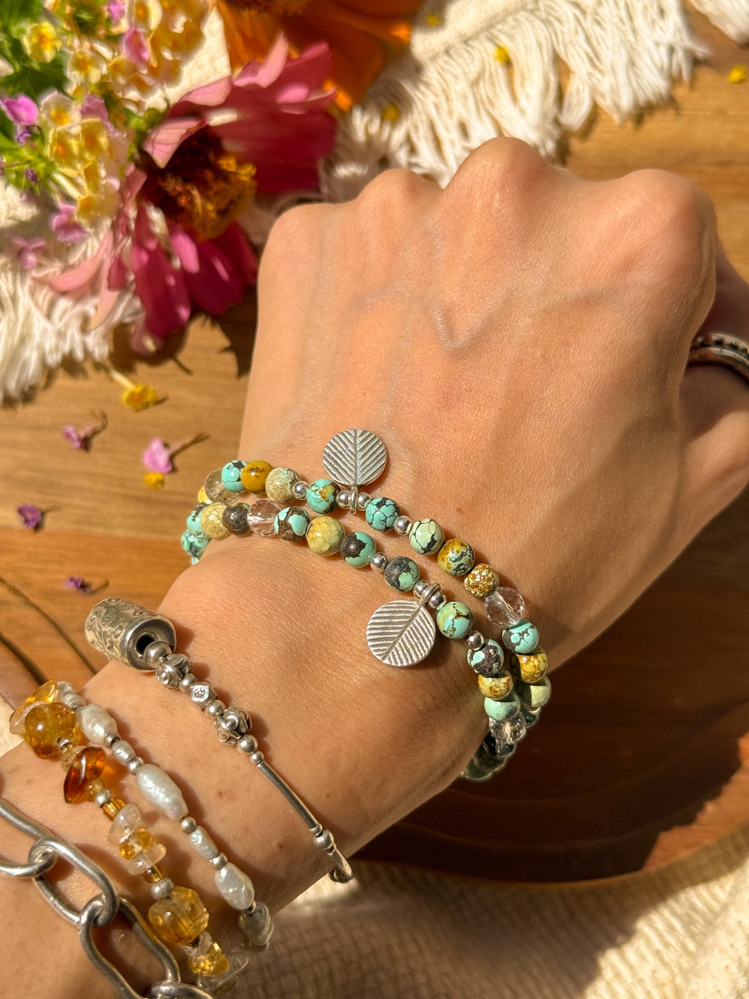 Turquoise, Clear Quartz and Karen silver Bracelet