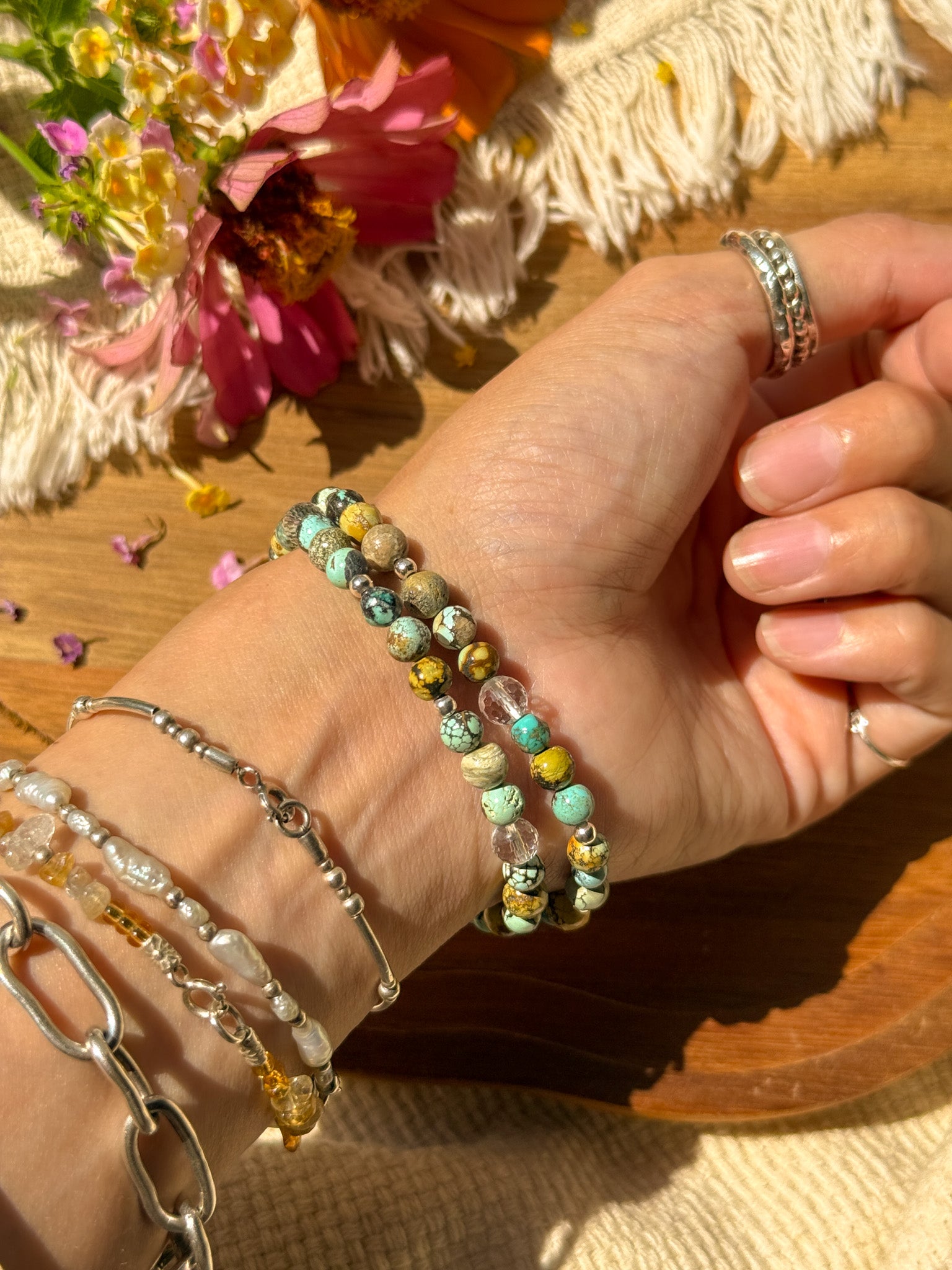 Turquoise, Clear Quartz and Karen silver Bracelet
