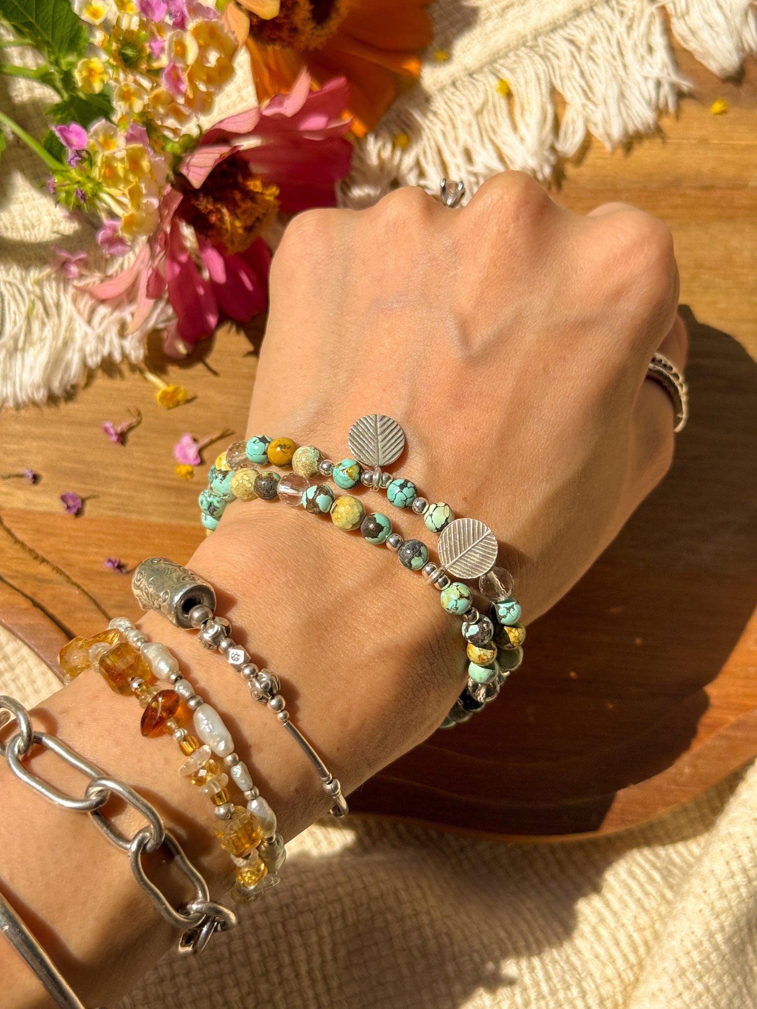 Turquoise, Clear Quartz and Karen silver Bracelet