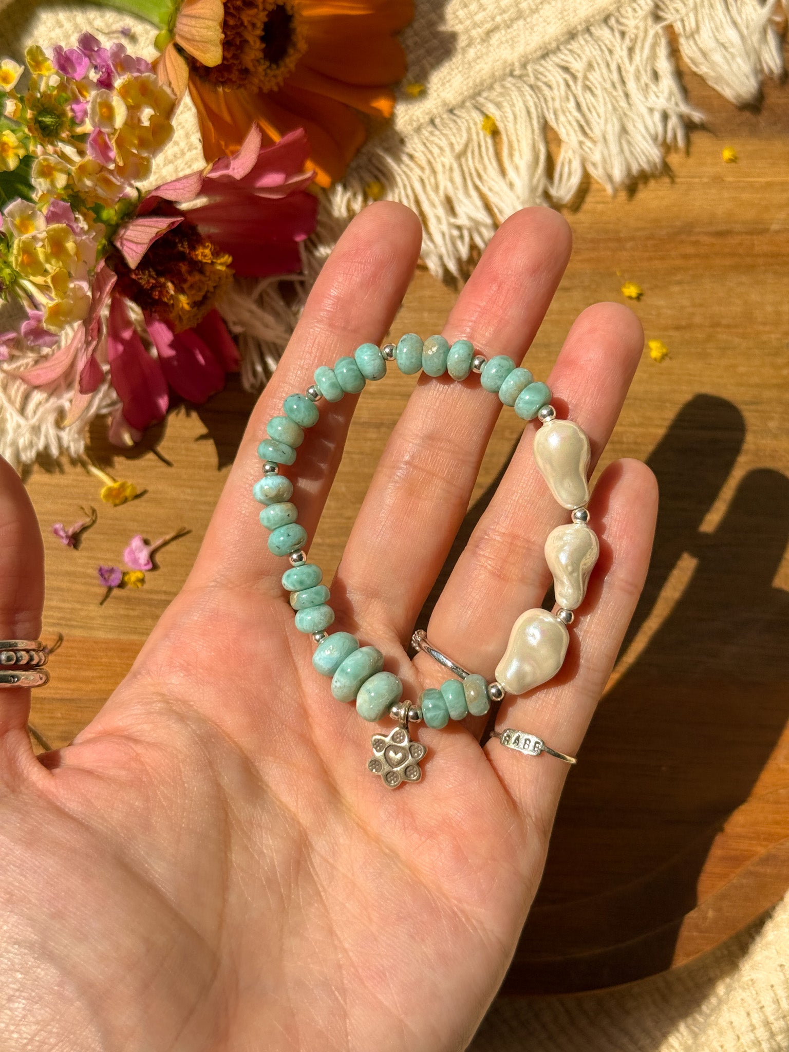 Larimar, Pearl and Karen Silver Bracelet ①