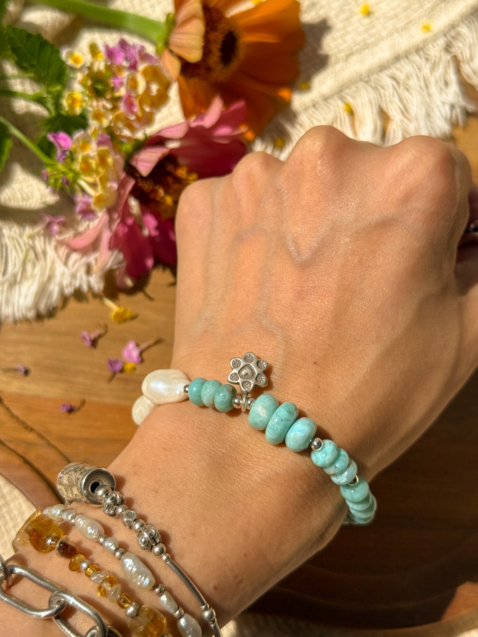 Larimar, Pearl and Karen Silver Bracelet ①