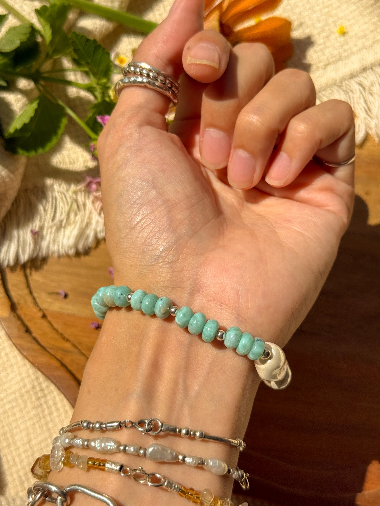 Larimar, Pearl and Karen Silver Bracelet ①