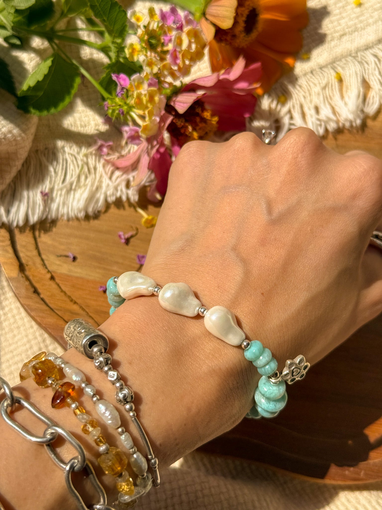 Larimar, Pearl and Karen Silver Bracelet ①