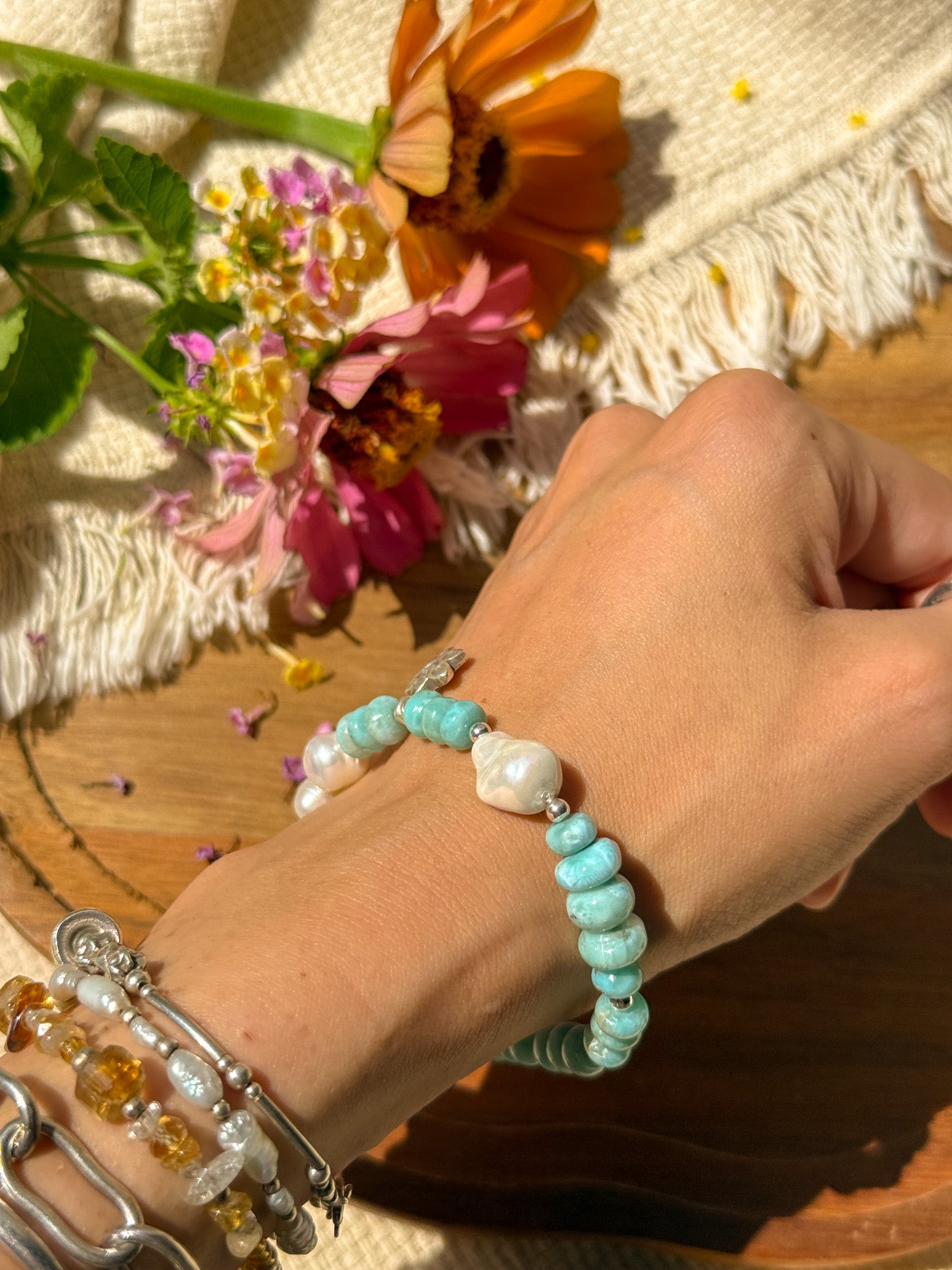 Larimar, Pearl and Karen Silver Bracelet ②