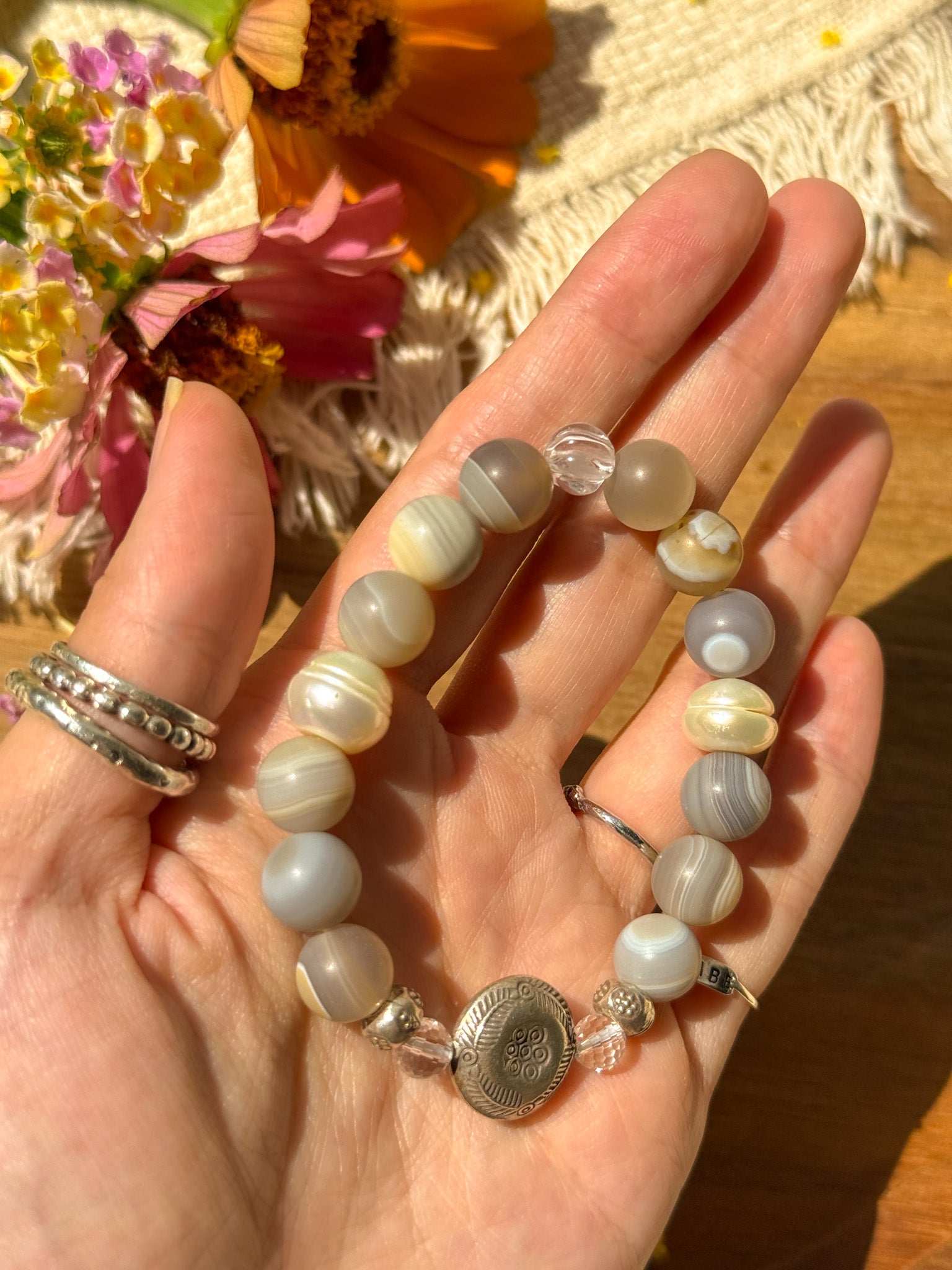 Agate, Pearl, Clear quartz and Karen Silver Bracelet