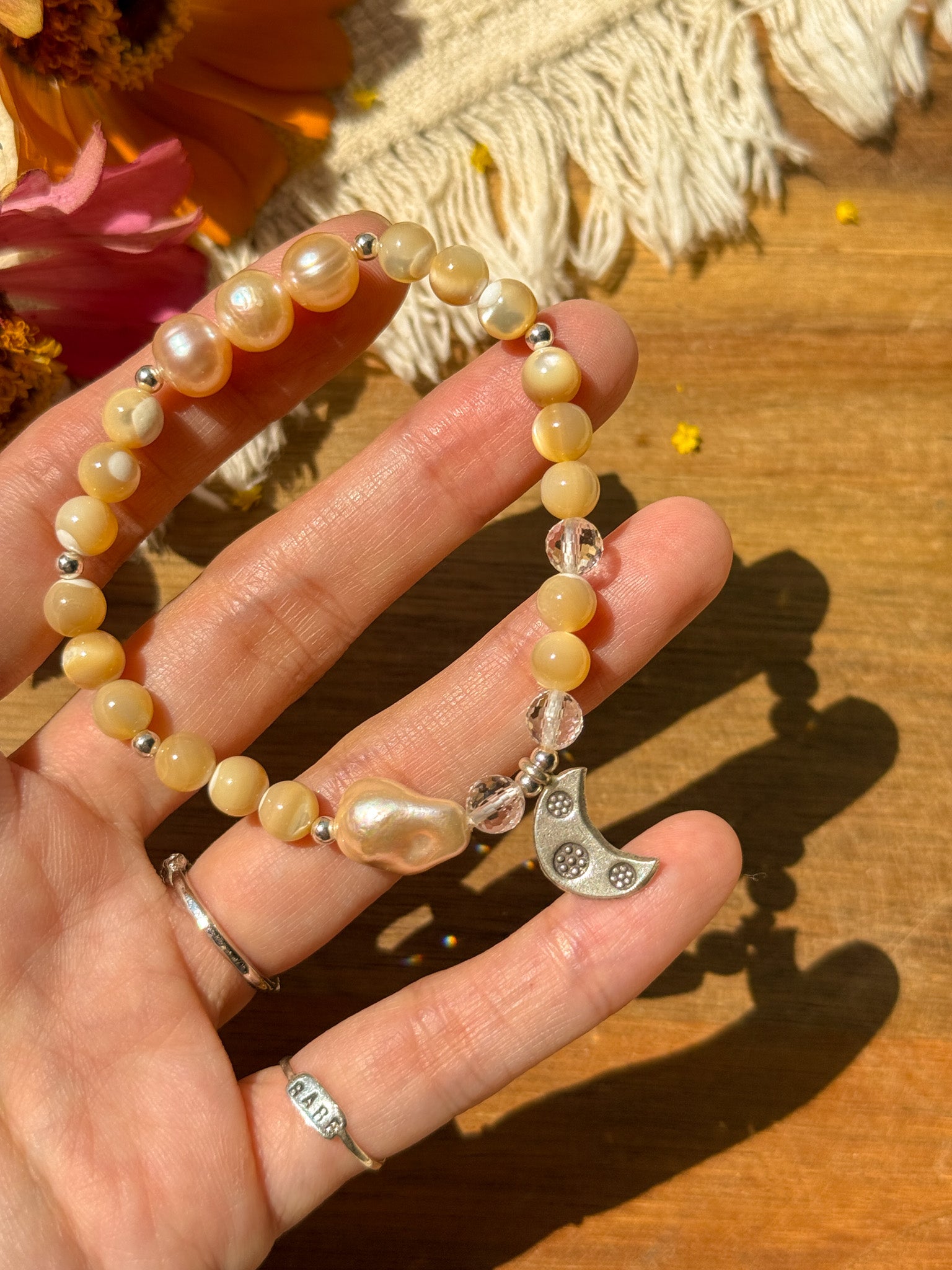 Shell, Pearl, Clear quartz and Karen Silver Bracelet