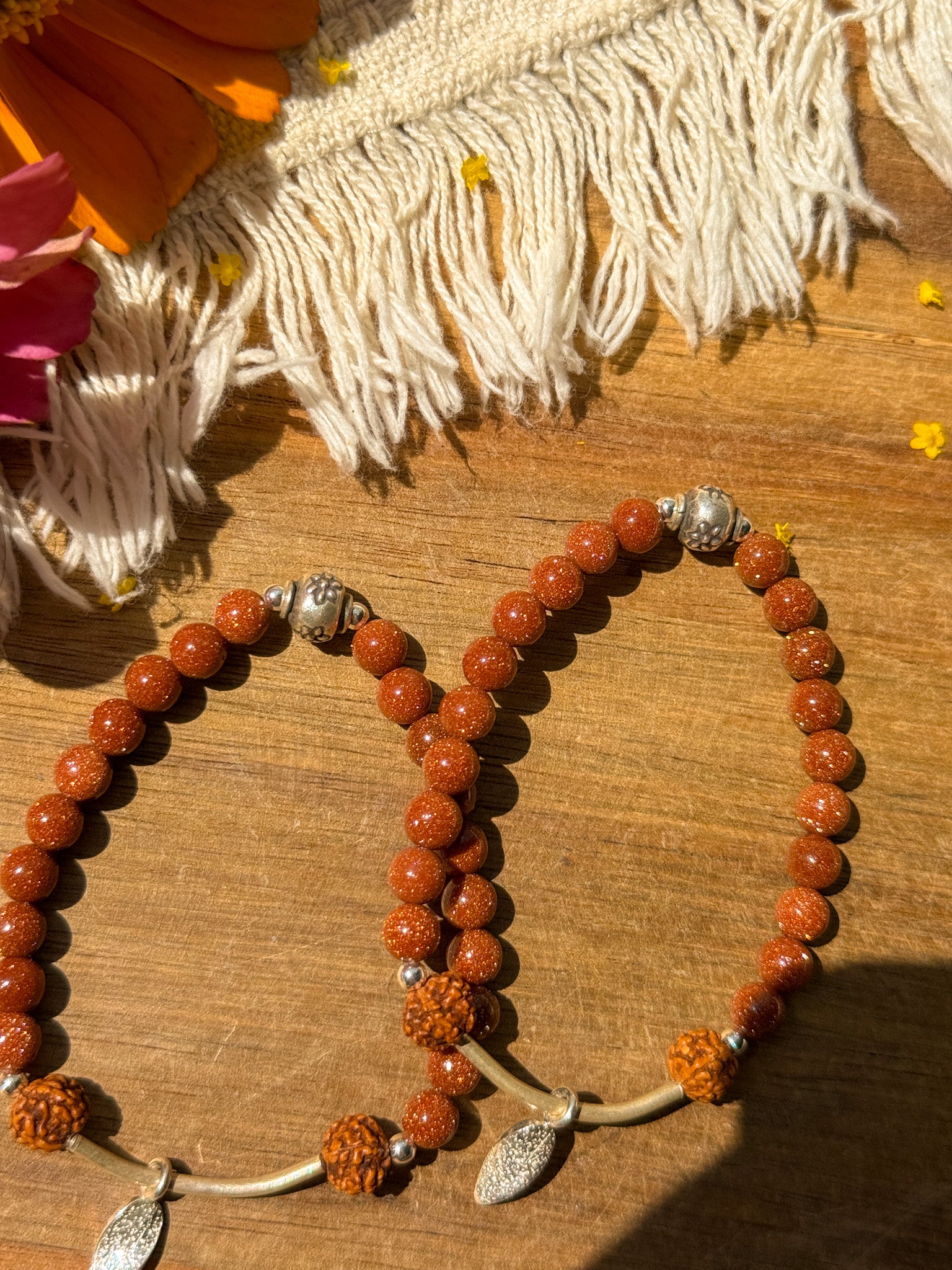 Goldstone, Rudraksha and Karen silver Bracelet