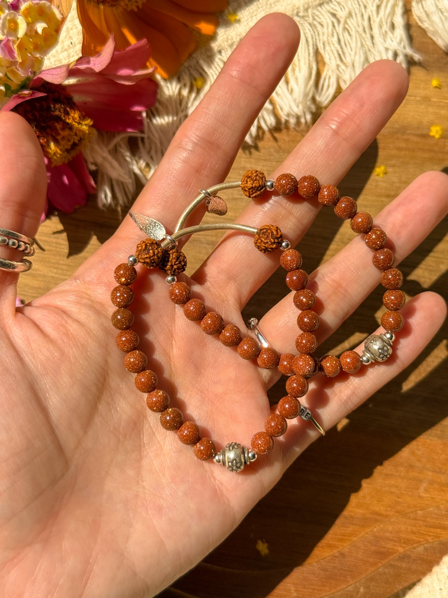 Goldstone, Rudraksha and Karen silver Bracelet