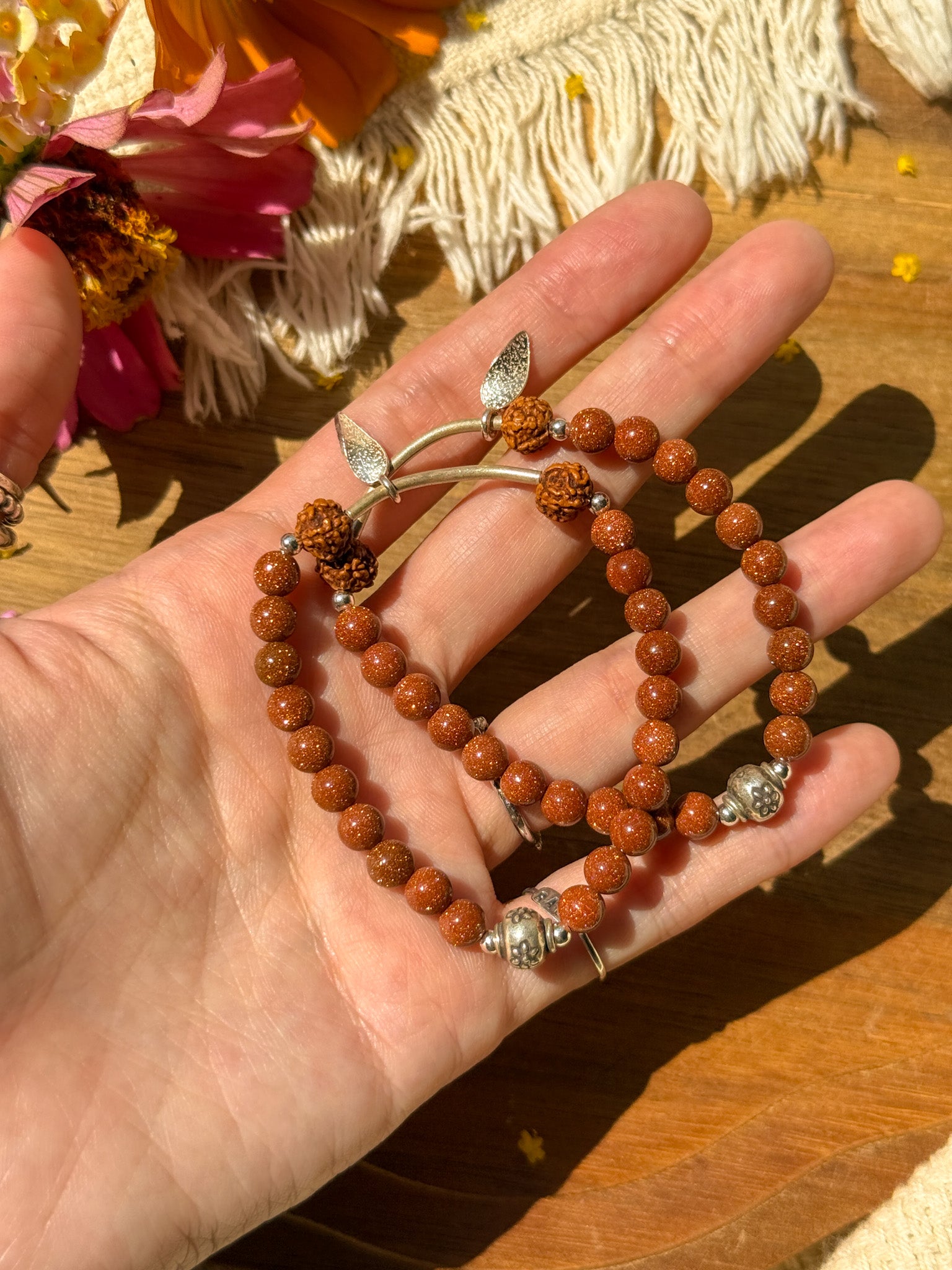 Goldstone, Rudraksha and Karen silver Bracelet