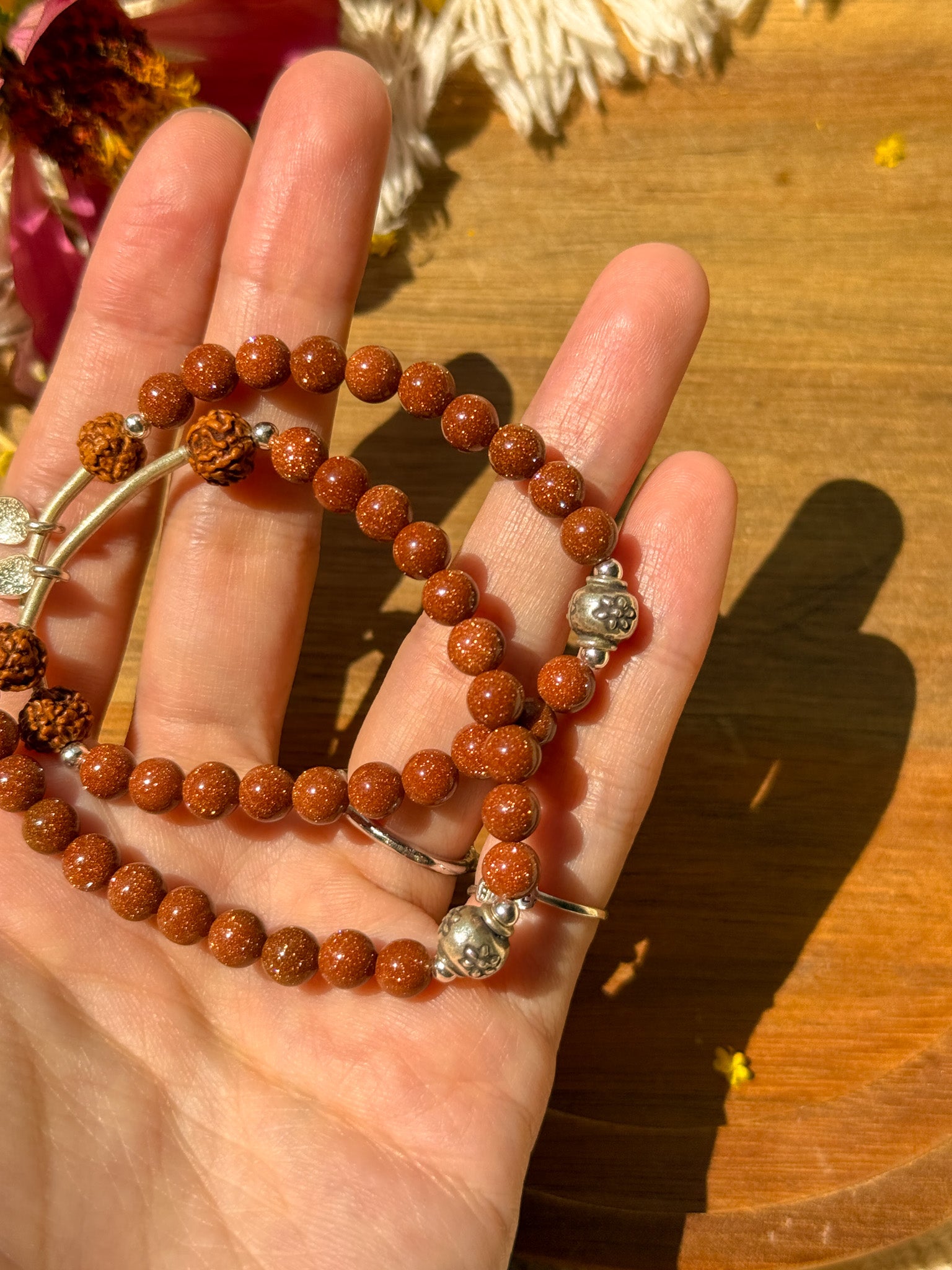 Goldstone, Rudraksha and Karen silver Bracelet