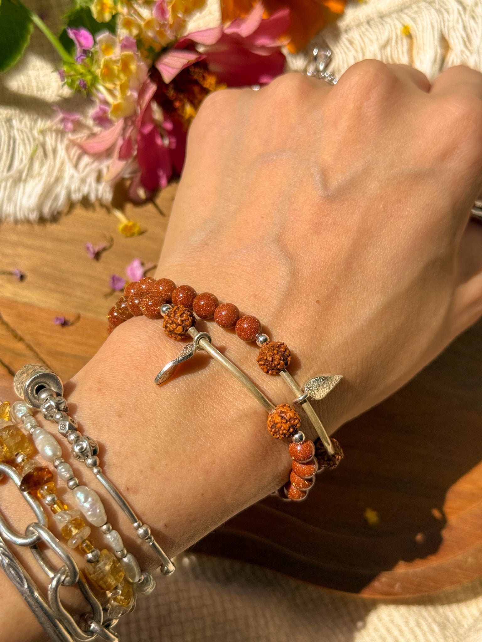 Goldstone, Rudraksha and Karen silver Bracelet