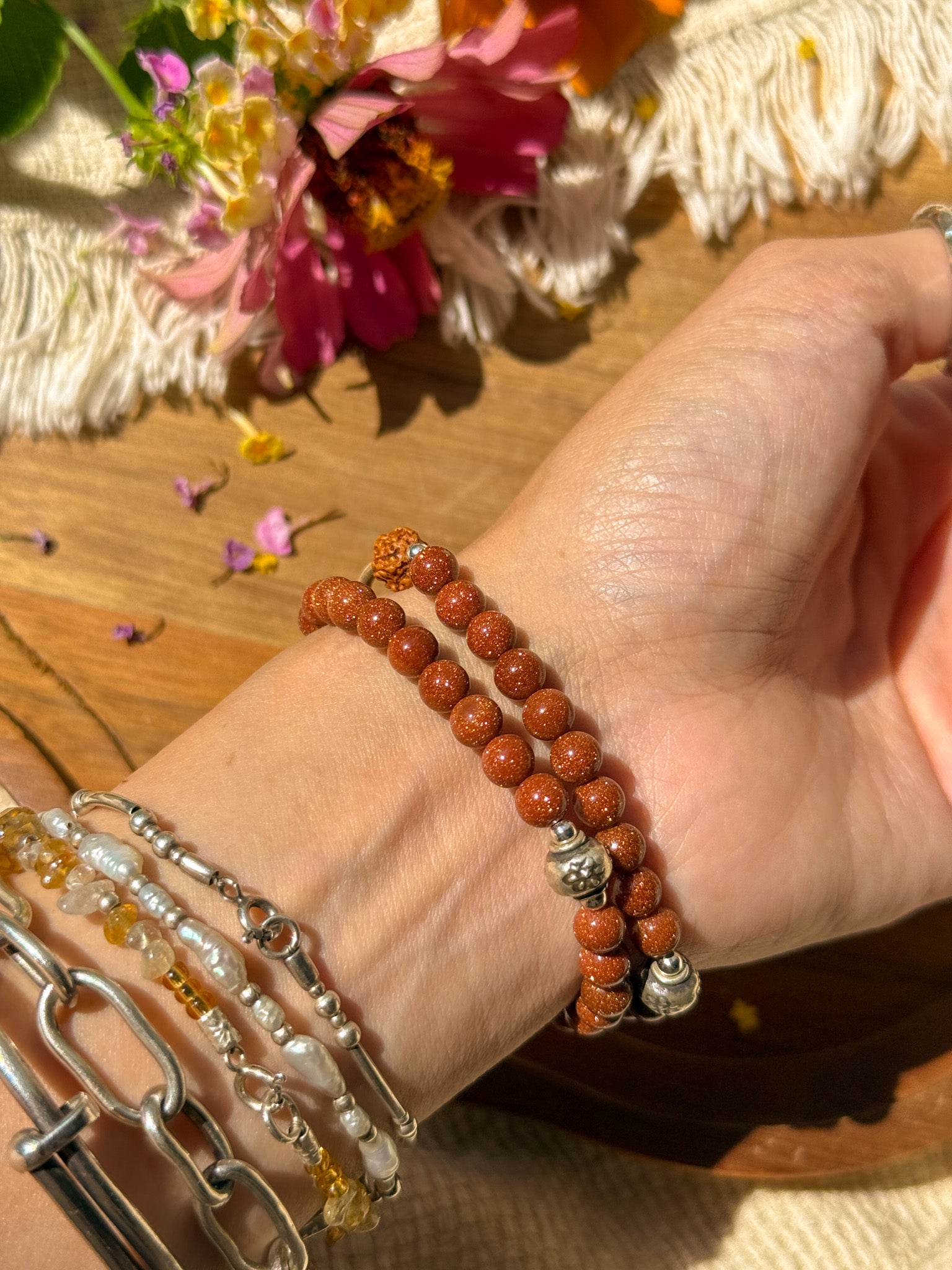 Goldstone, Rudraksha and Karen silver Bracelet