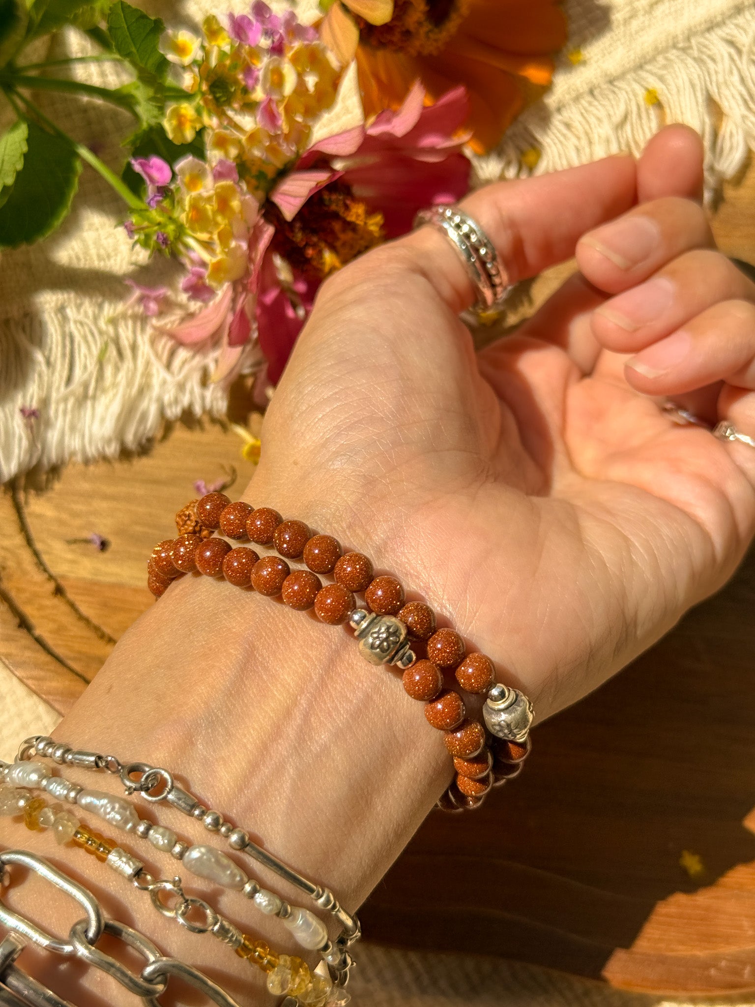 Goldstone, Rudraksha and Karen silver Bracelet