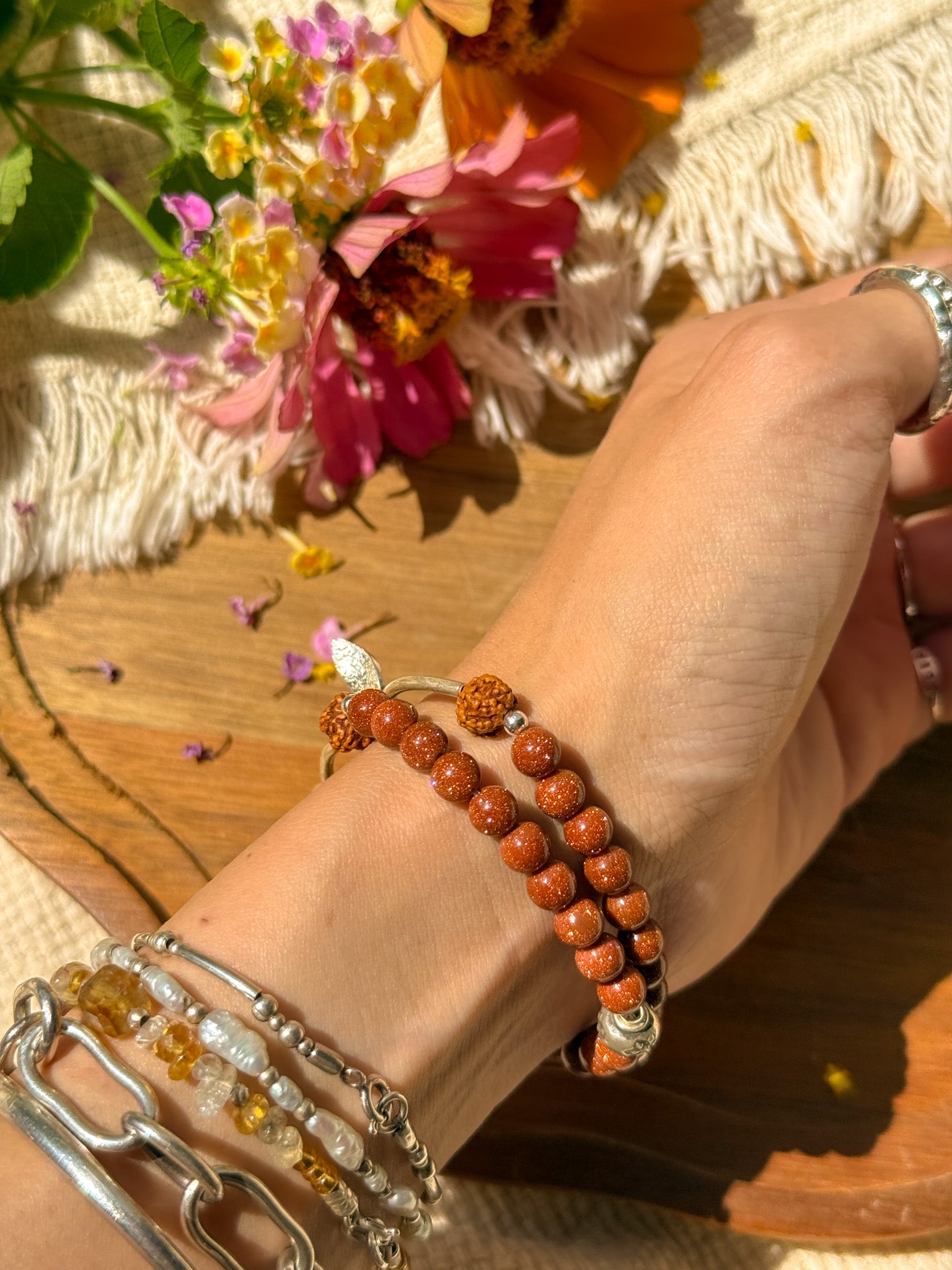 Goldstone, Rudraksha and Karen silver Bracelet