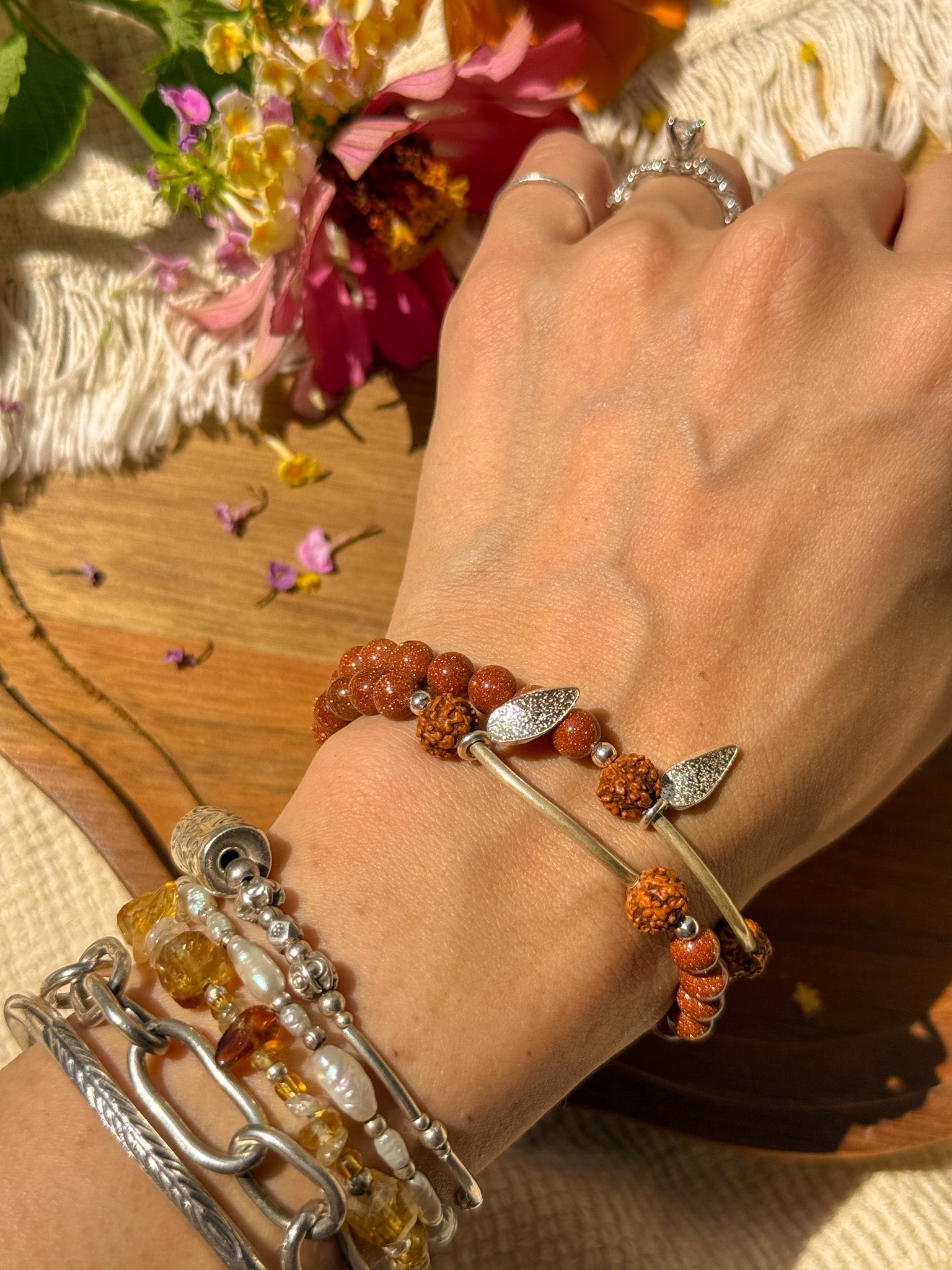 Goldstone, Rudraksha and Karen silver Bracelet