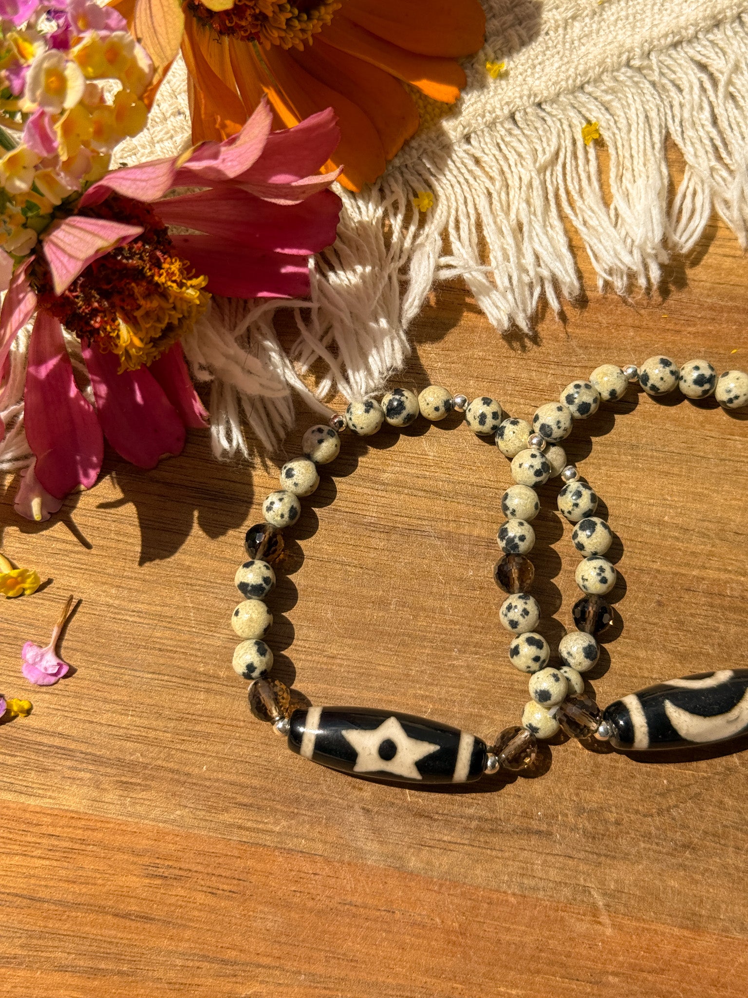 dZi beads (Agate), Dalmatian Jasper, Smoky Quartz and Karen silver Bracelet