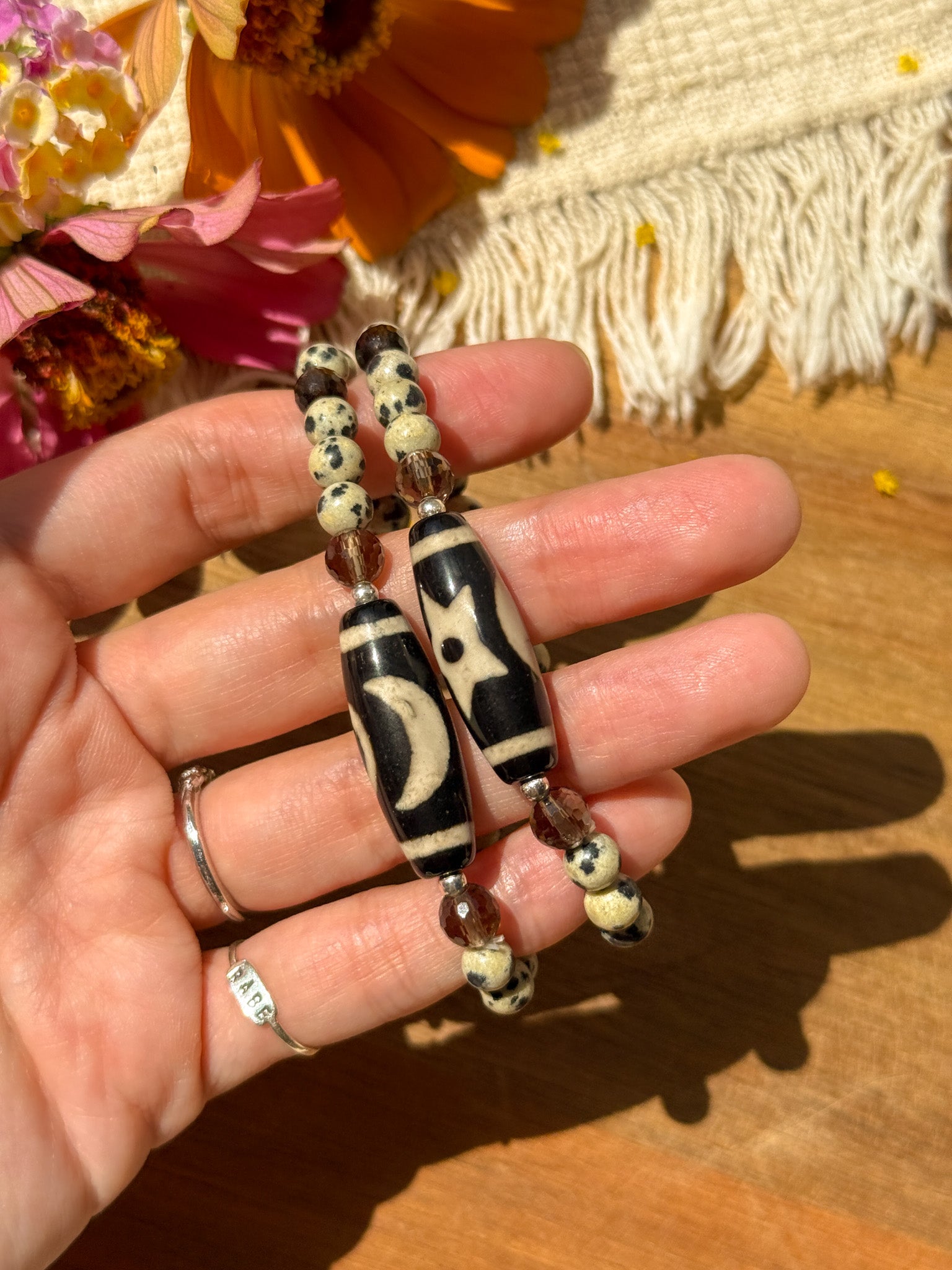 dZi beads (Agate), Dalmatian Jasper, Smoky Quartz and Karen silver Bracelet