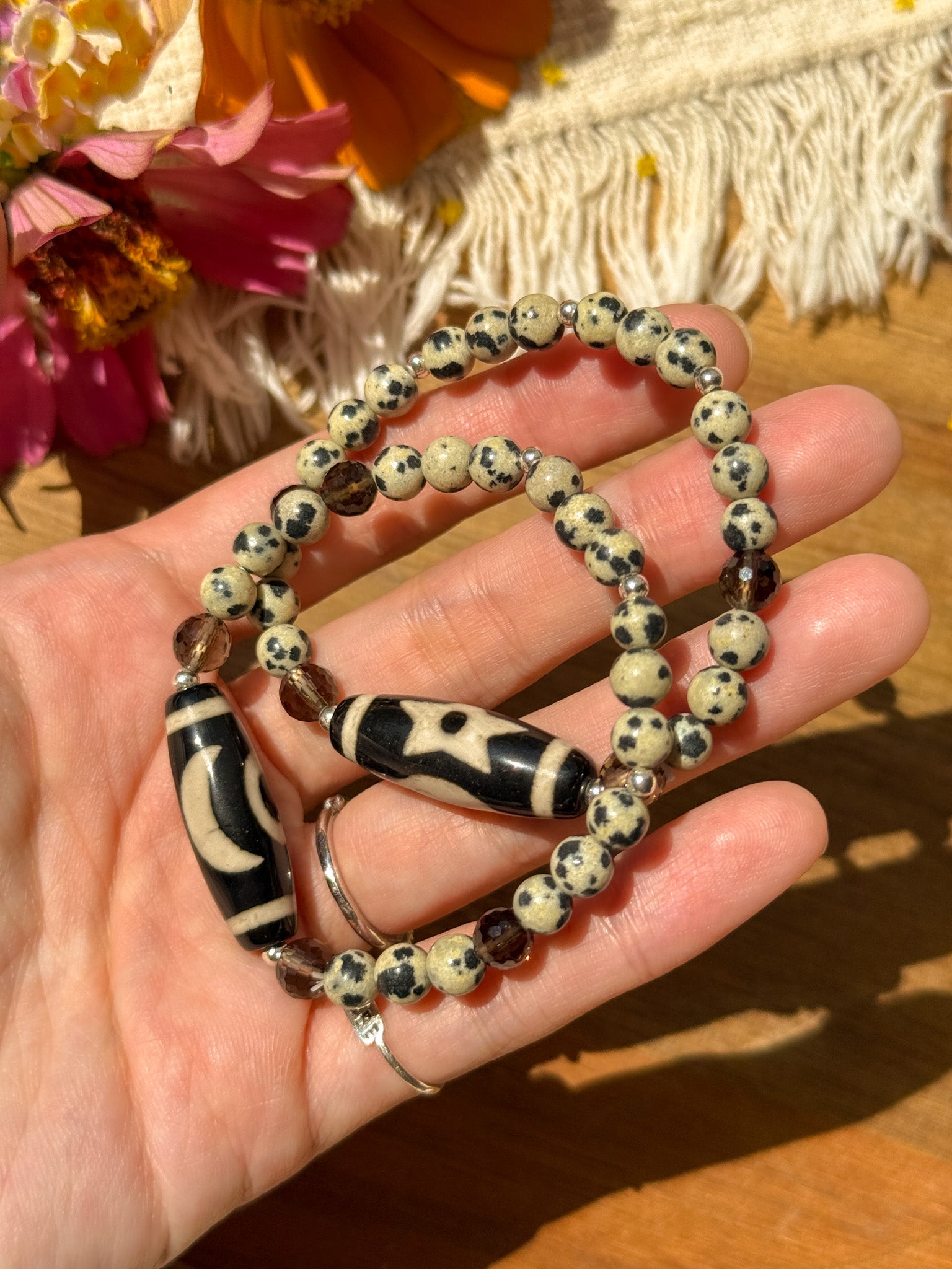 dZi beads (Agate), Dalmatian Jasper, Smoky Quartz and Karen silver Bracelet