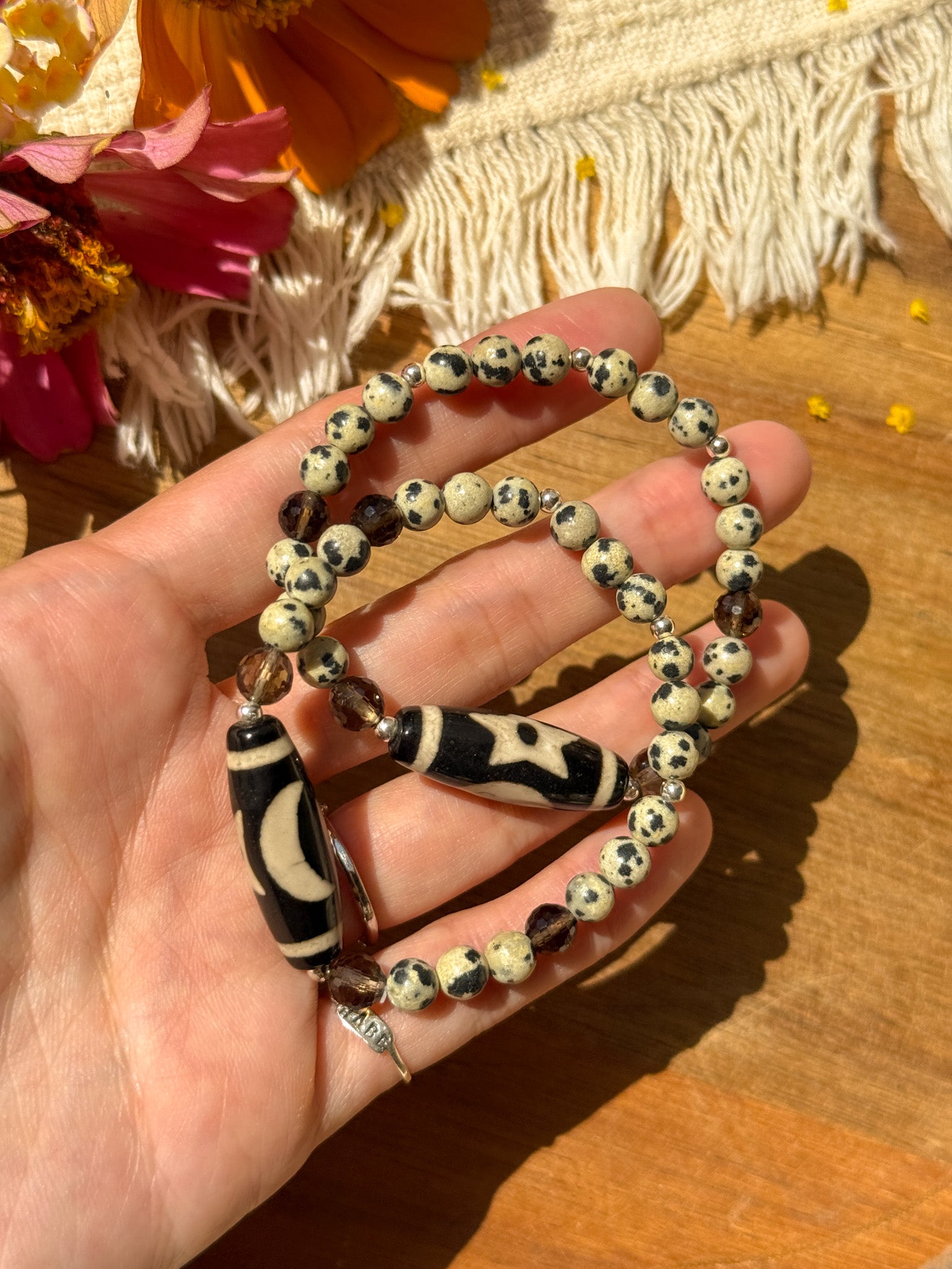 dZi beads (Agate), Dalmatian Jasper, Smoky Quartz and Karen silver Bracelet