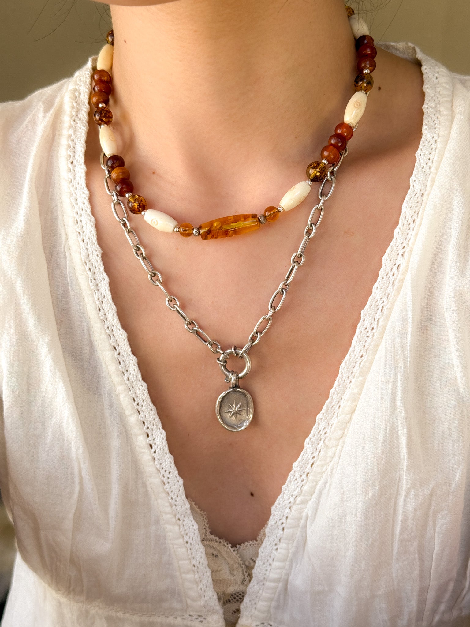 Amber, Karen silver and Bones Necklace