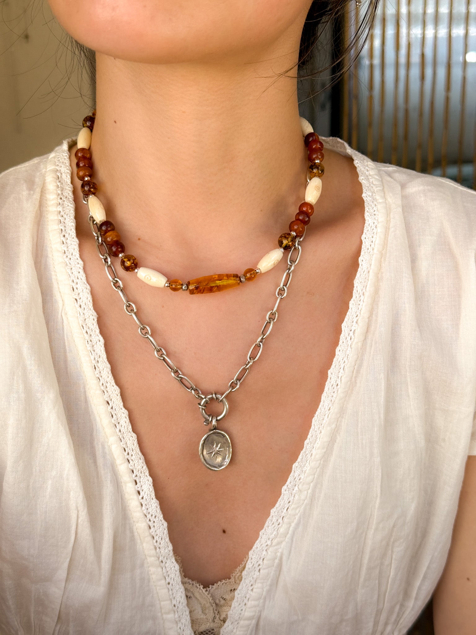 Amber, Karen silver and Bones Necklace