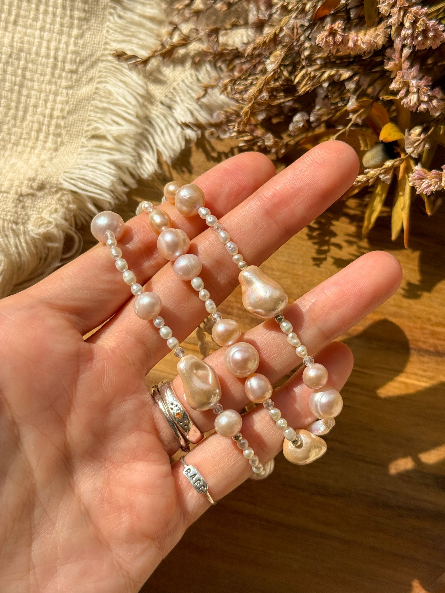 Bracelet - Pearl, Clear quartz and Karen silver - Pink