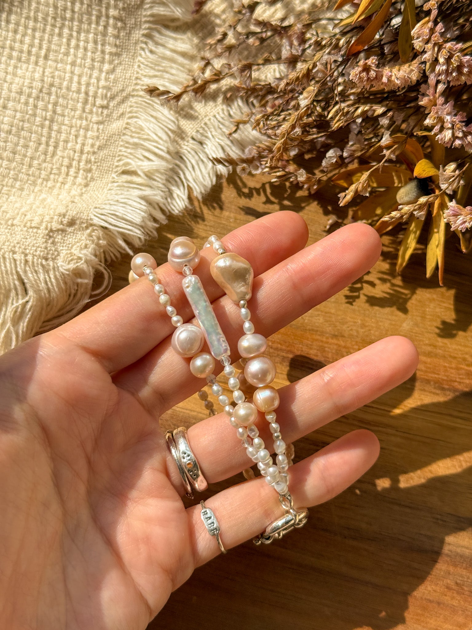 Bracelet - Pearl, Clear quartz and Karen silver - Pink