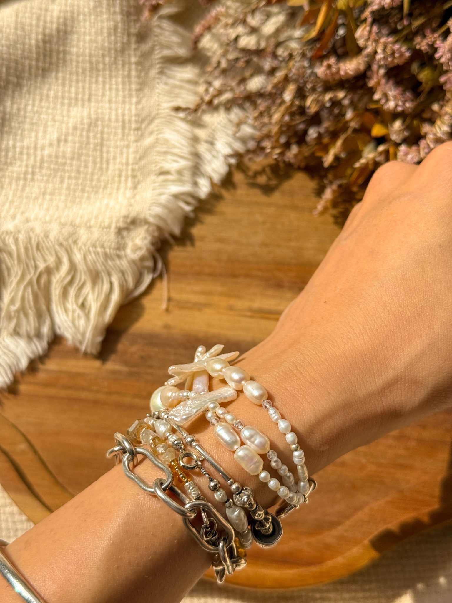 Bracelet - Pearl, Clear quartz and Karen silver - White