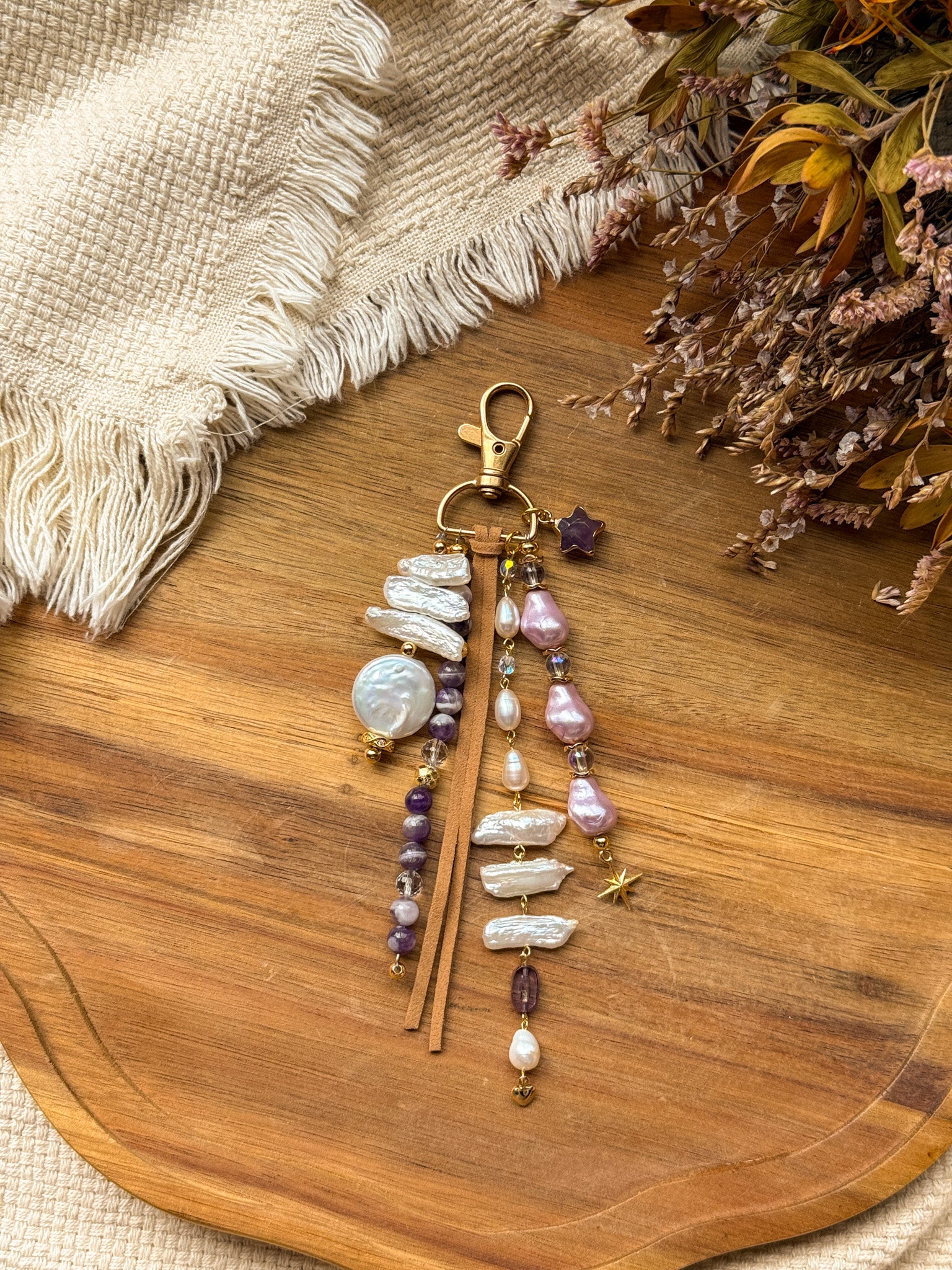 Key Chain - Pearl, Clear Quartz, Dream Amethyst, Rainbow aura quartz, Fluorite and metal parts