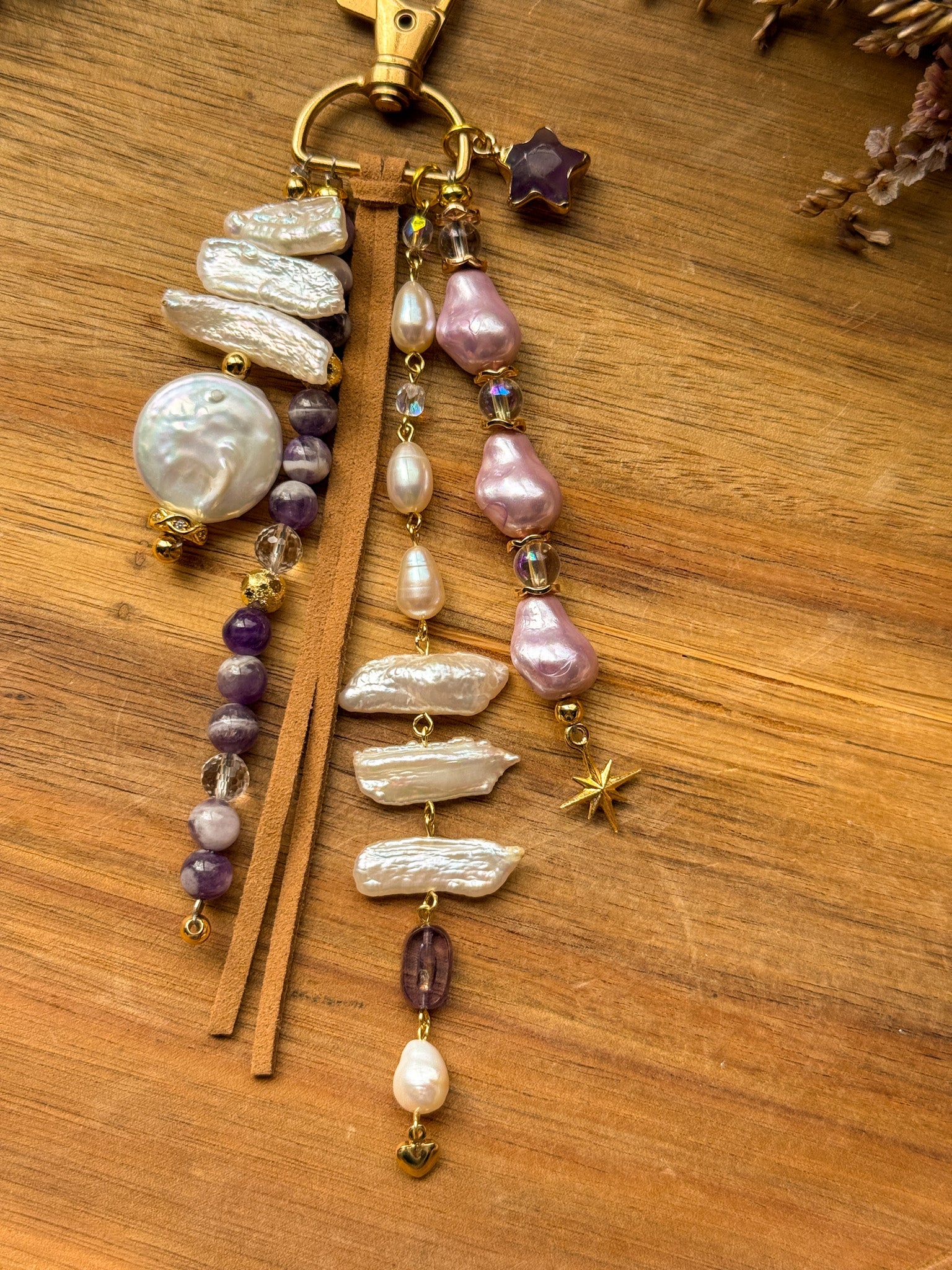 Key Chain - Pearl, Clear Quartz, Dream Amethyst, Rainbow aura quartz, Fluorite and metal parts