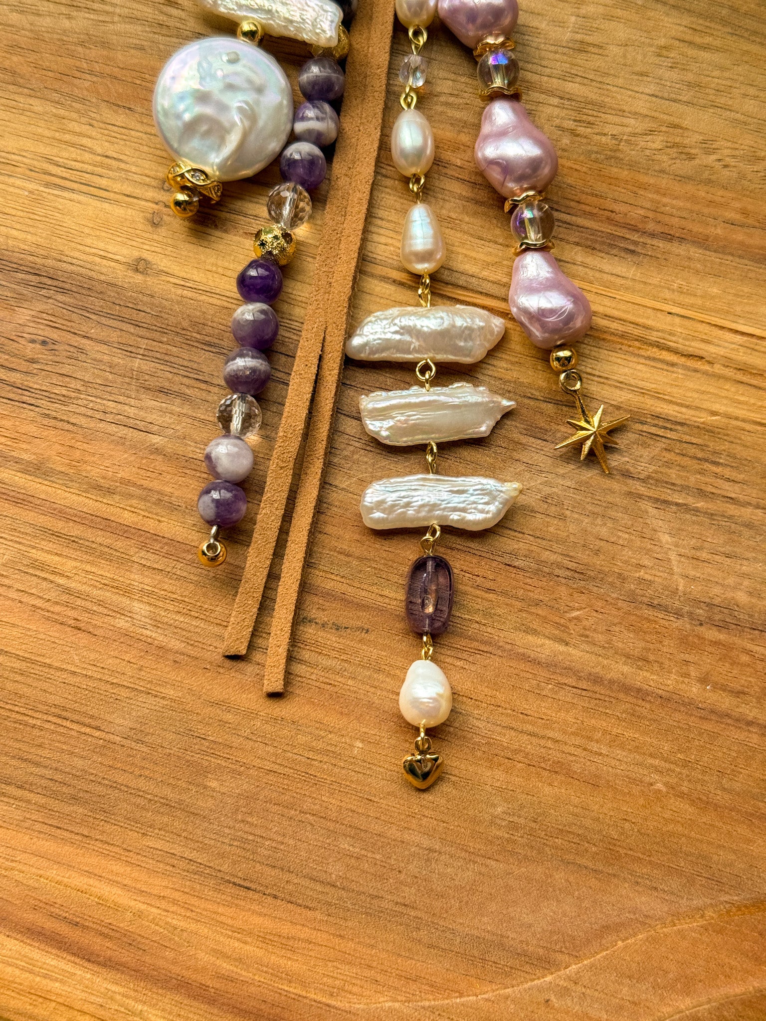 Key Chain - Pearl, Clear Quartz, Dream Amethyst, Rainbow aura quartz, Fluorite and metal parts