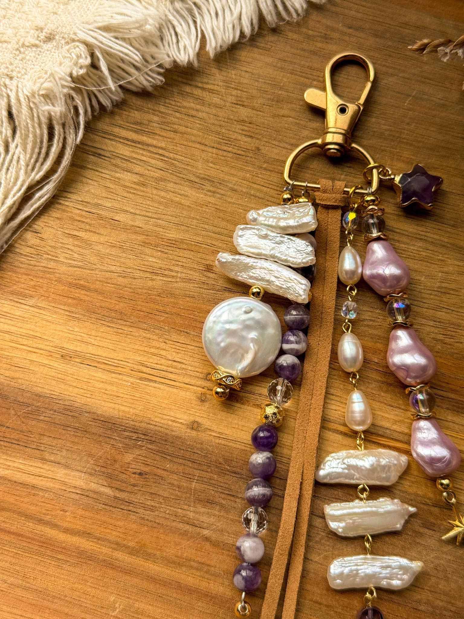 Key Chain - Pearl, Clear Quartz, Dream Amethyst, Rainbow aura quartz, Fluorite and metal parts