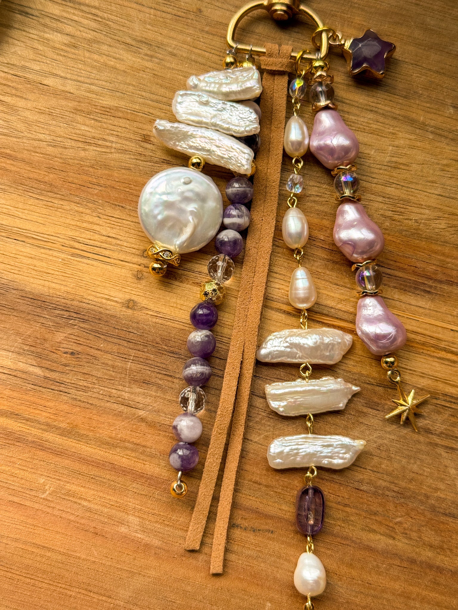 Key Chain - Pearl, Clear Quartz, Dream Amethyst, Rainbow aura quartz, Fluorite and metal parts