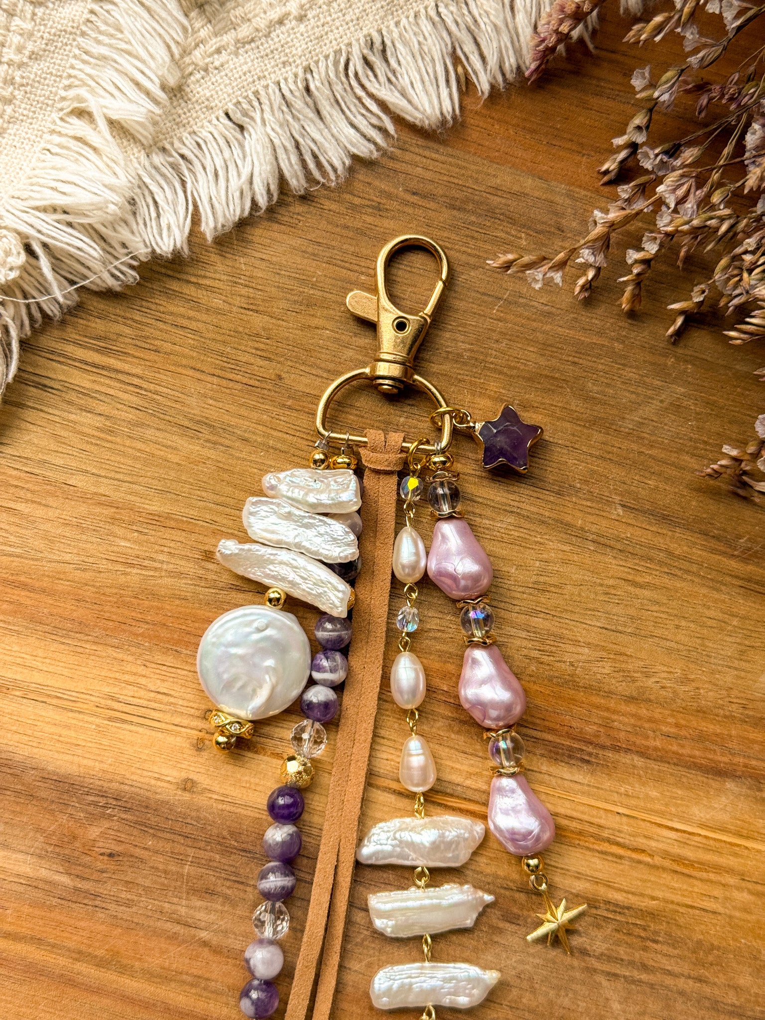 Key Chain - Pearl, Clear Quartz, Dream Amethyst, Rainbow aura quartz, Fluorite and metal parts