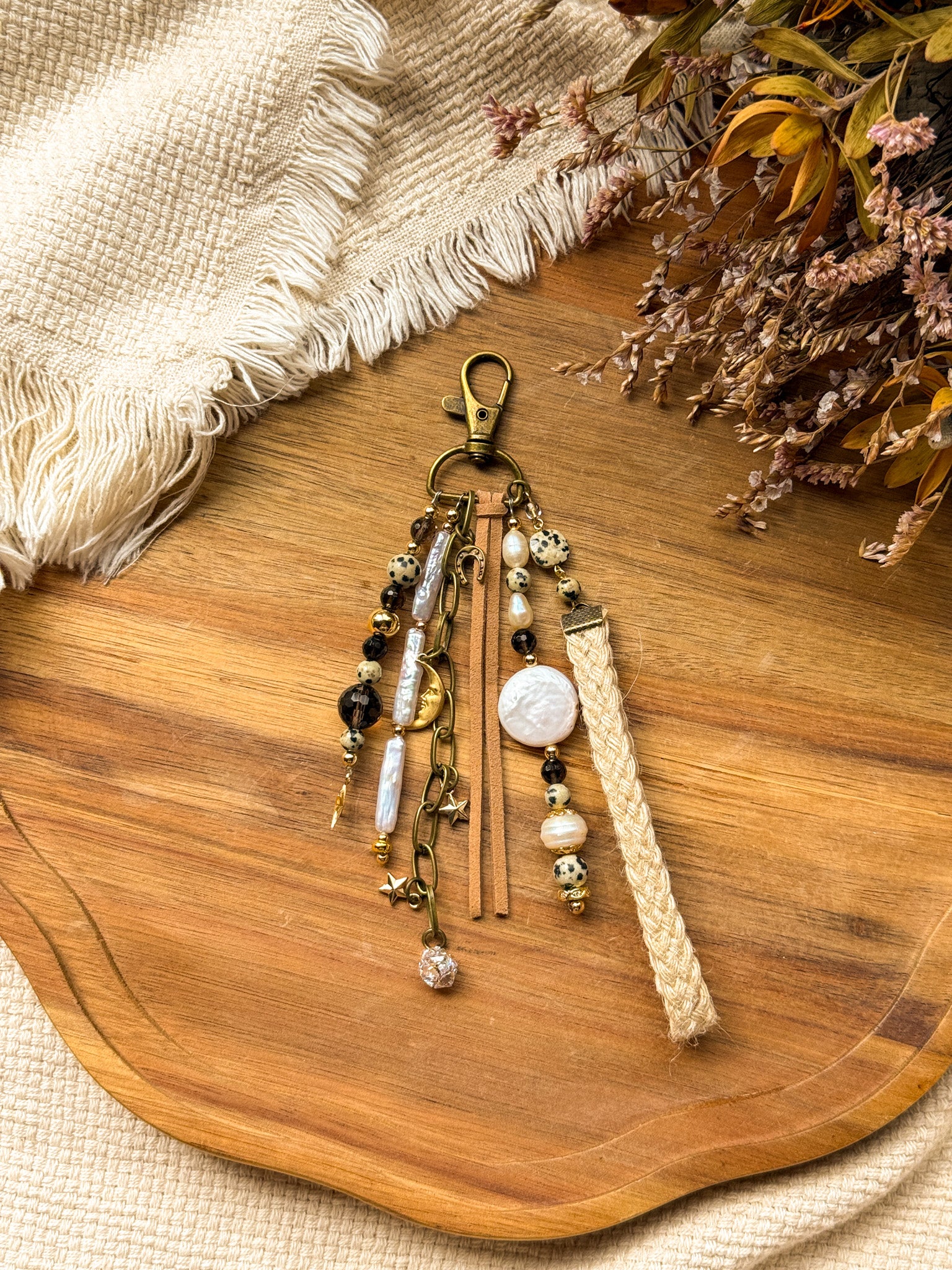 Key Chain - Pearl, Smoky quartz and Dalmatian Jasper