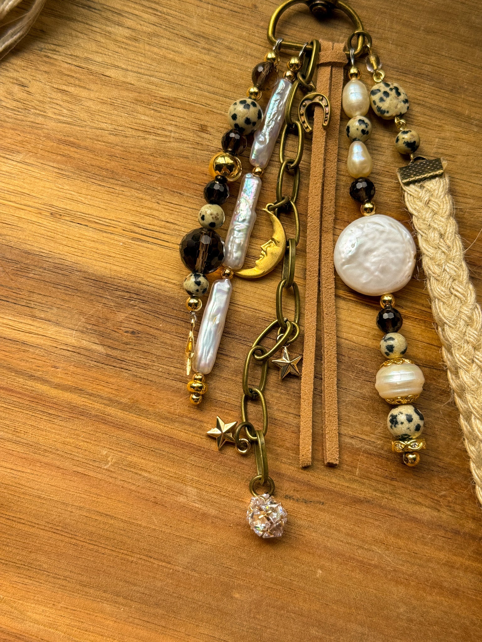 Key Chain - Pearl, Smoky quartz and Dalmatian Jasper