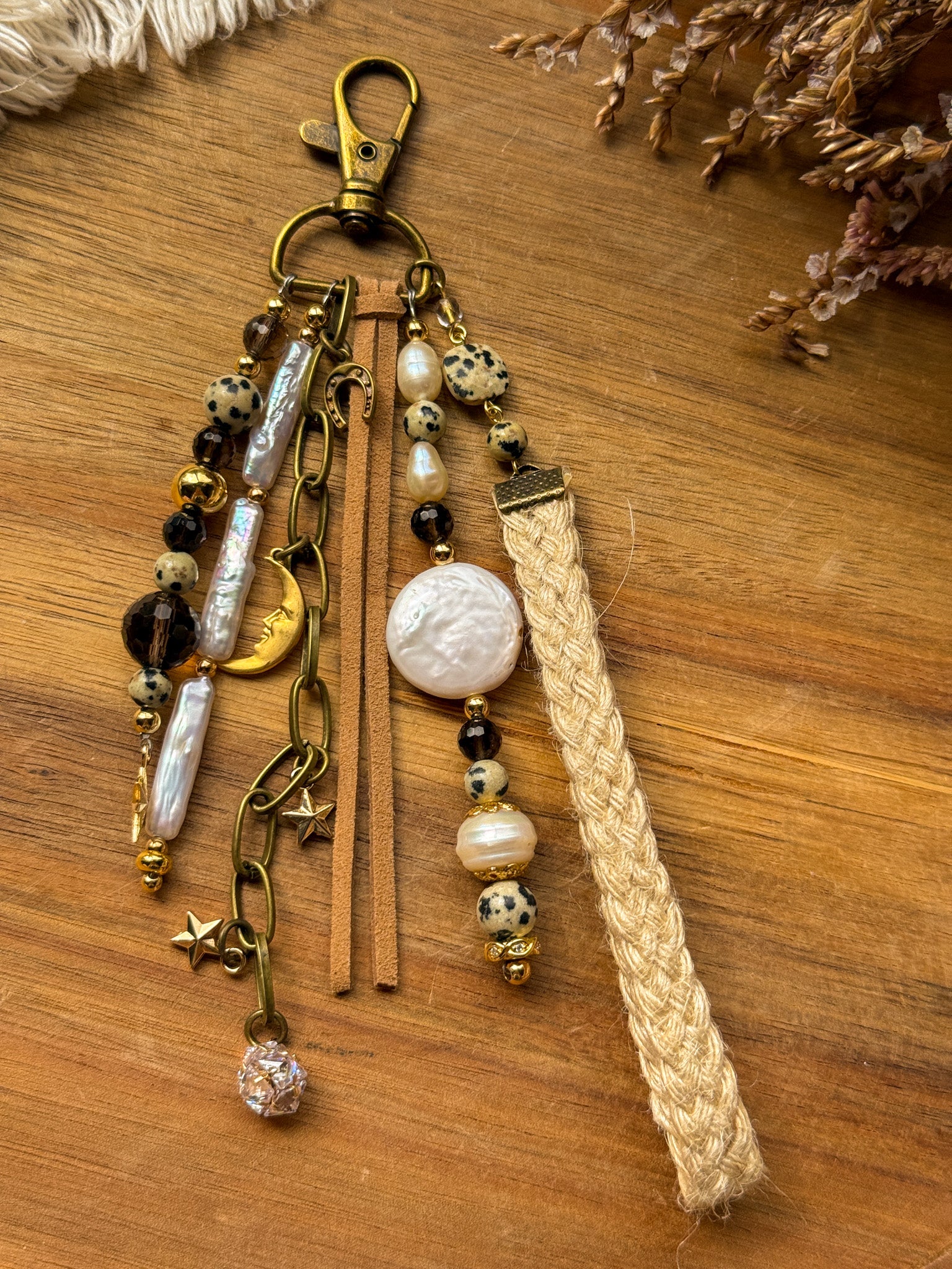 Key Chain - Pearl, Smoky quartz and Dalmatian Jasper