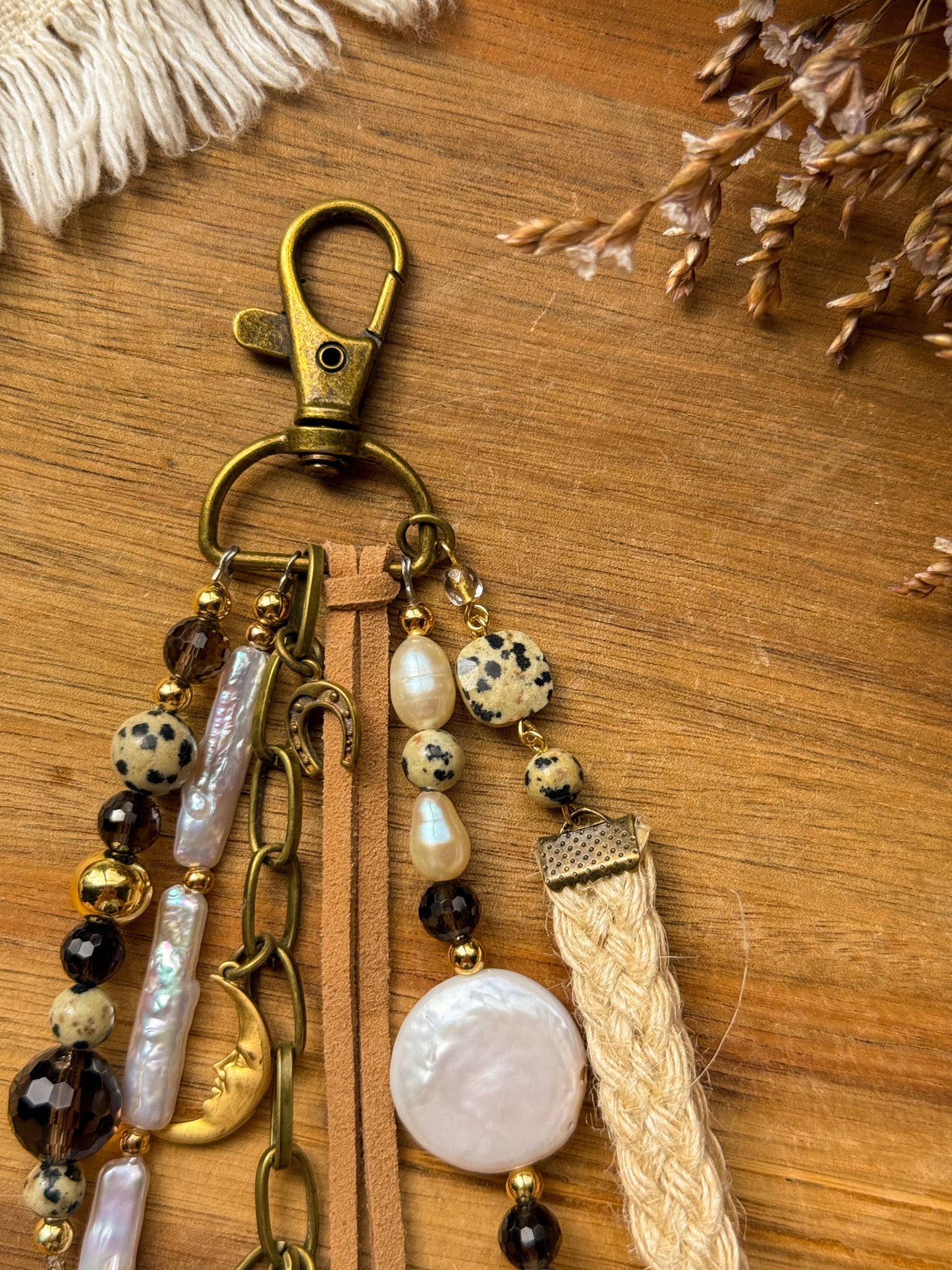 Key Chain - Pearl, Smoky quartz and Dalmatian Jasper